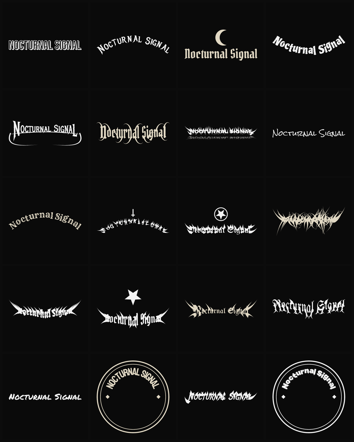 Twenty Nocturnal Signal band logo ideas — different faces, treatments and spike settings