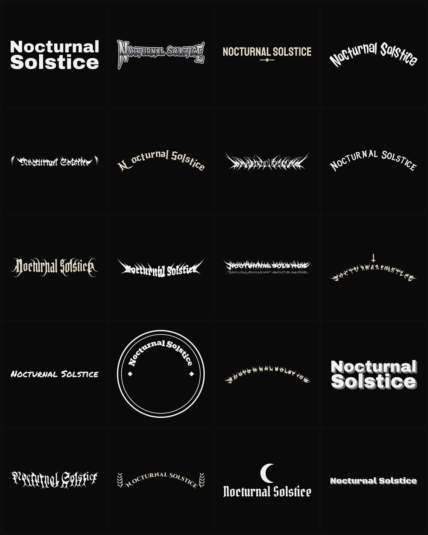 Twenty Nocturnal Solstice band logo ideas — different faces, treatments and spike settings