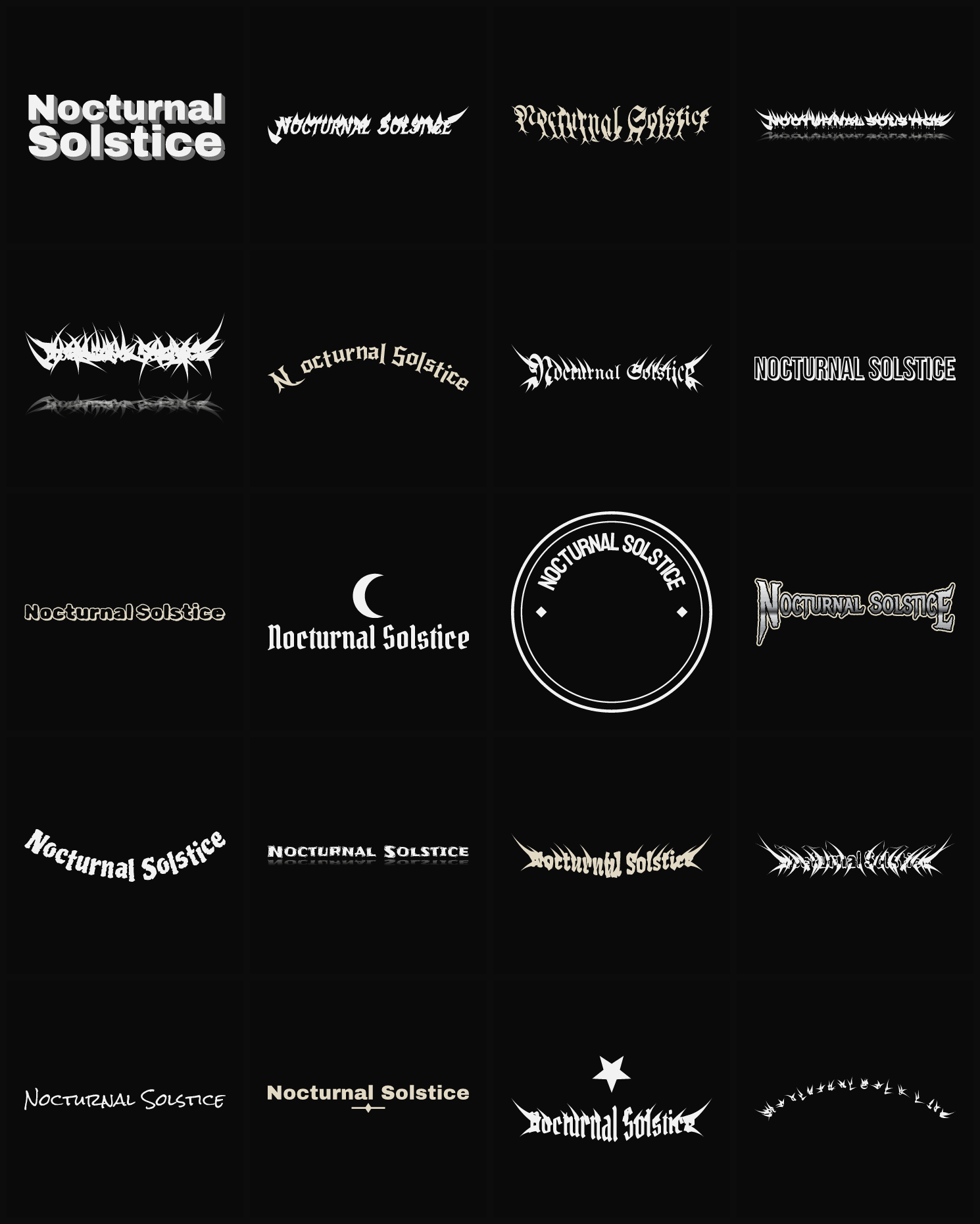 Twenty Nocturnal Solstice band logo ideas — different faces, treatments and spike settings
