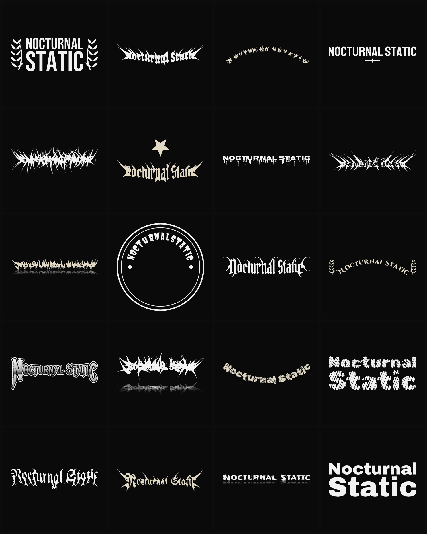 Twenty Nocturnal Static band logo ideas — different faces, treatments and spike settings