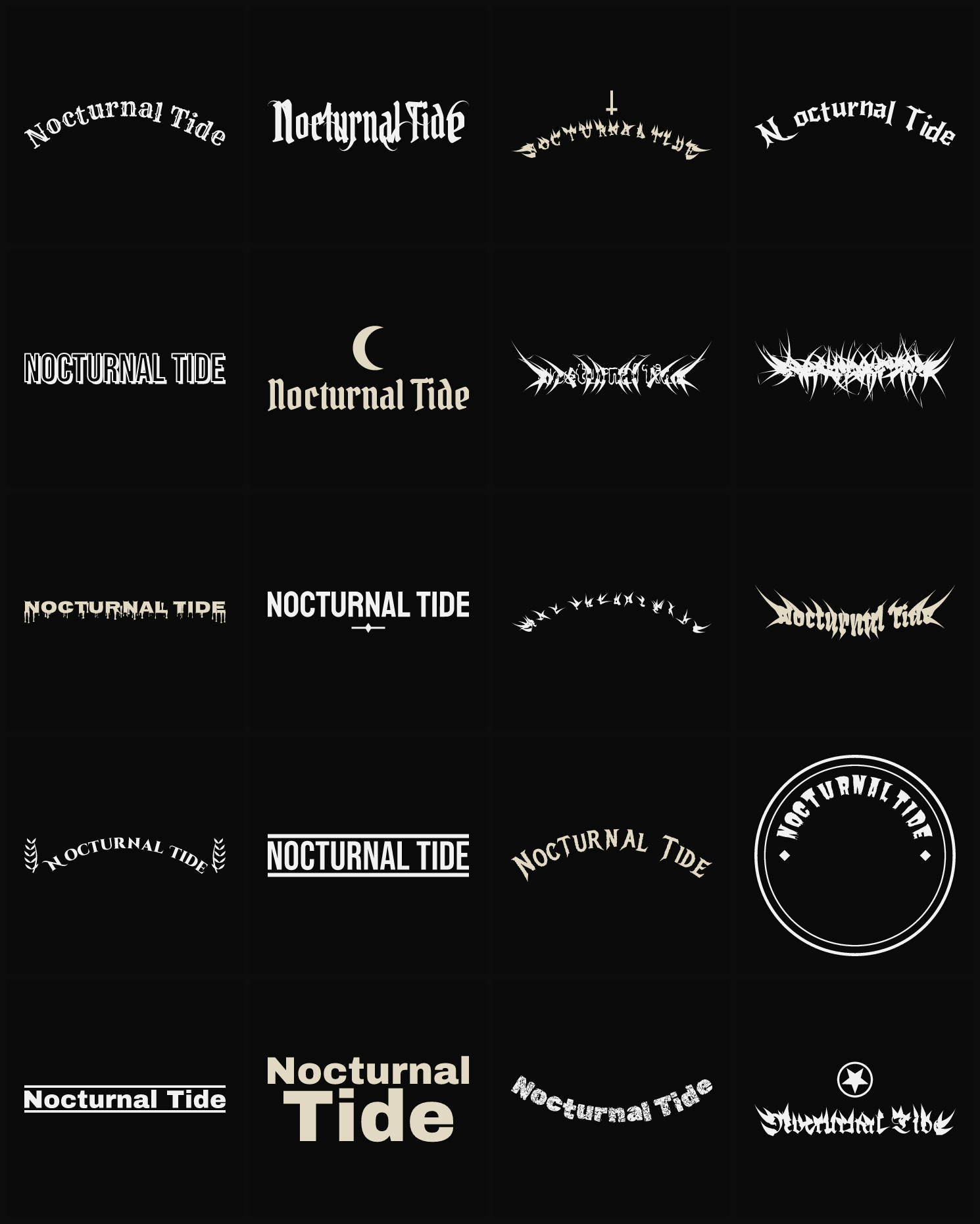 Twenty Nocturnal Tide band logo ideas — different faces, treatments and spike settings