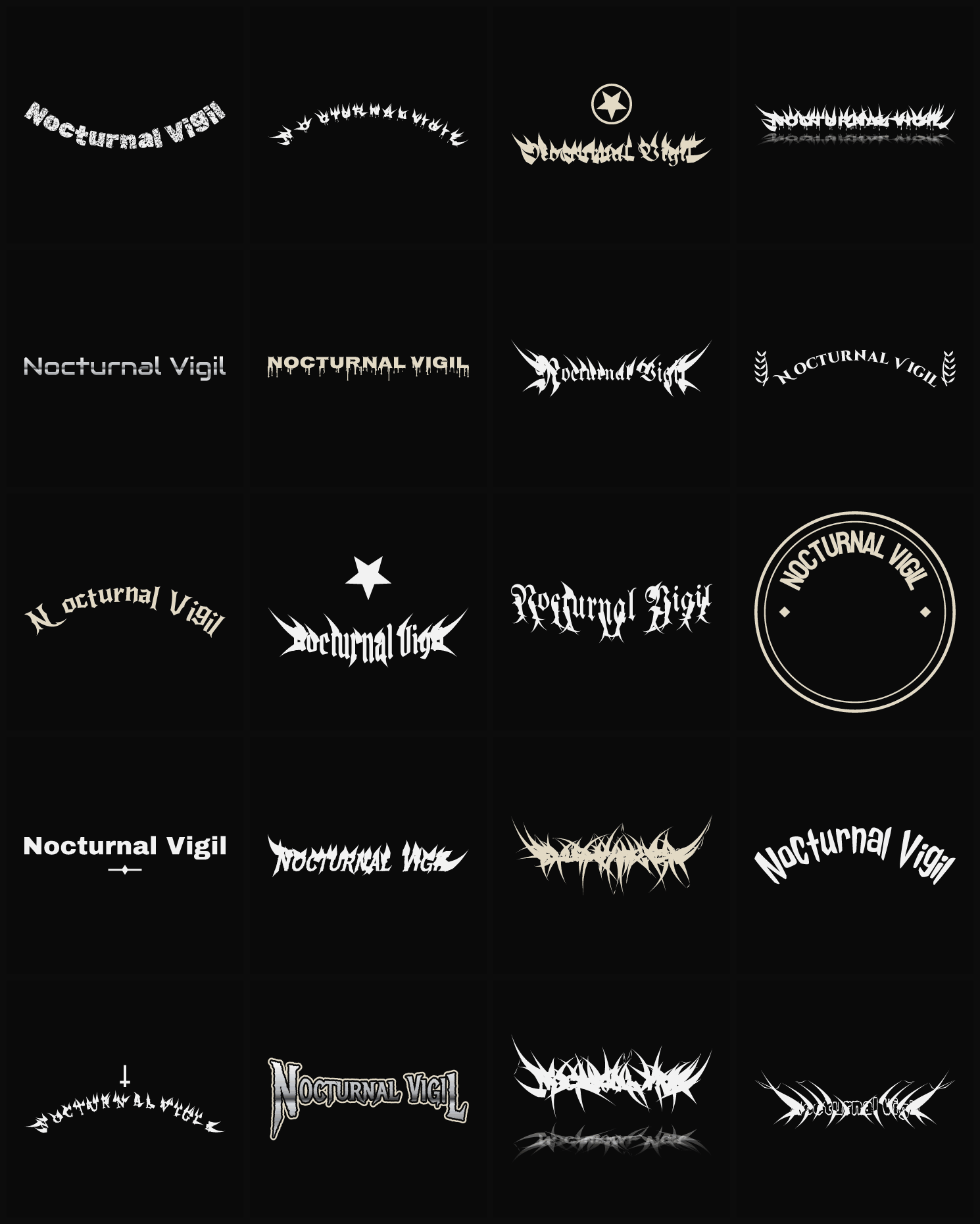 Twenty Nocturnal Vigil band logo ideas — different faces, treatments and spike settings