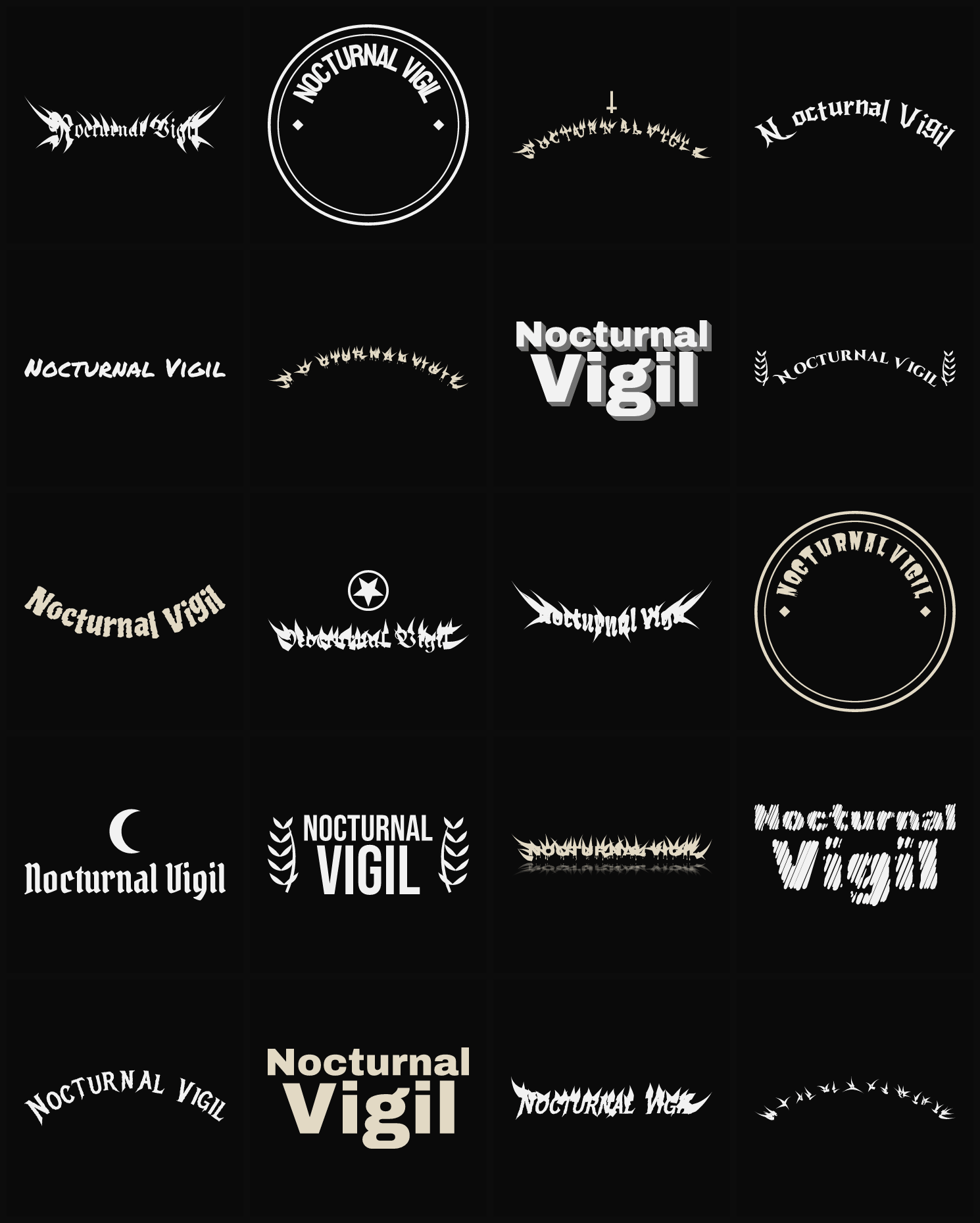 Twenty Nocturnal Vigil band logo ideas — different faces, treatments and spike settings