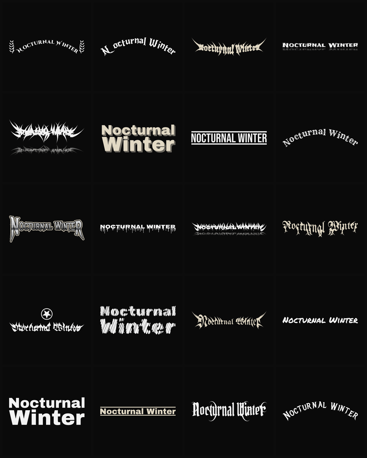 Twenty Nocturnal Winter band logo ideas — different faces, treatments and spike settings