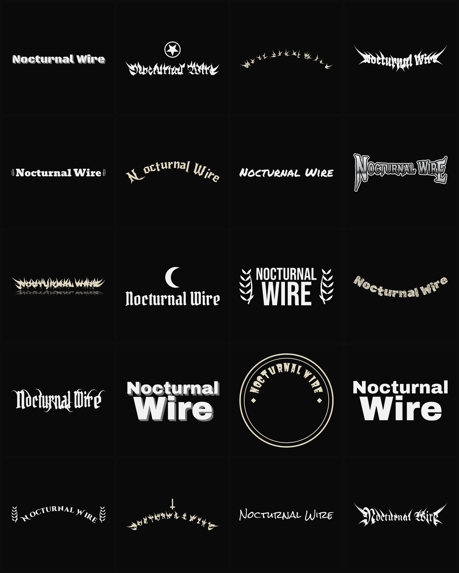 Twenty Nocturnal Wire band logo ideas — different faces, treatments and spike settings