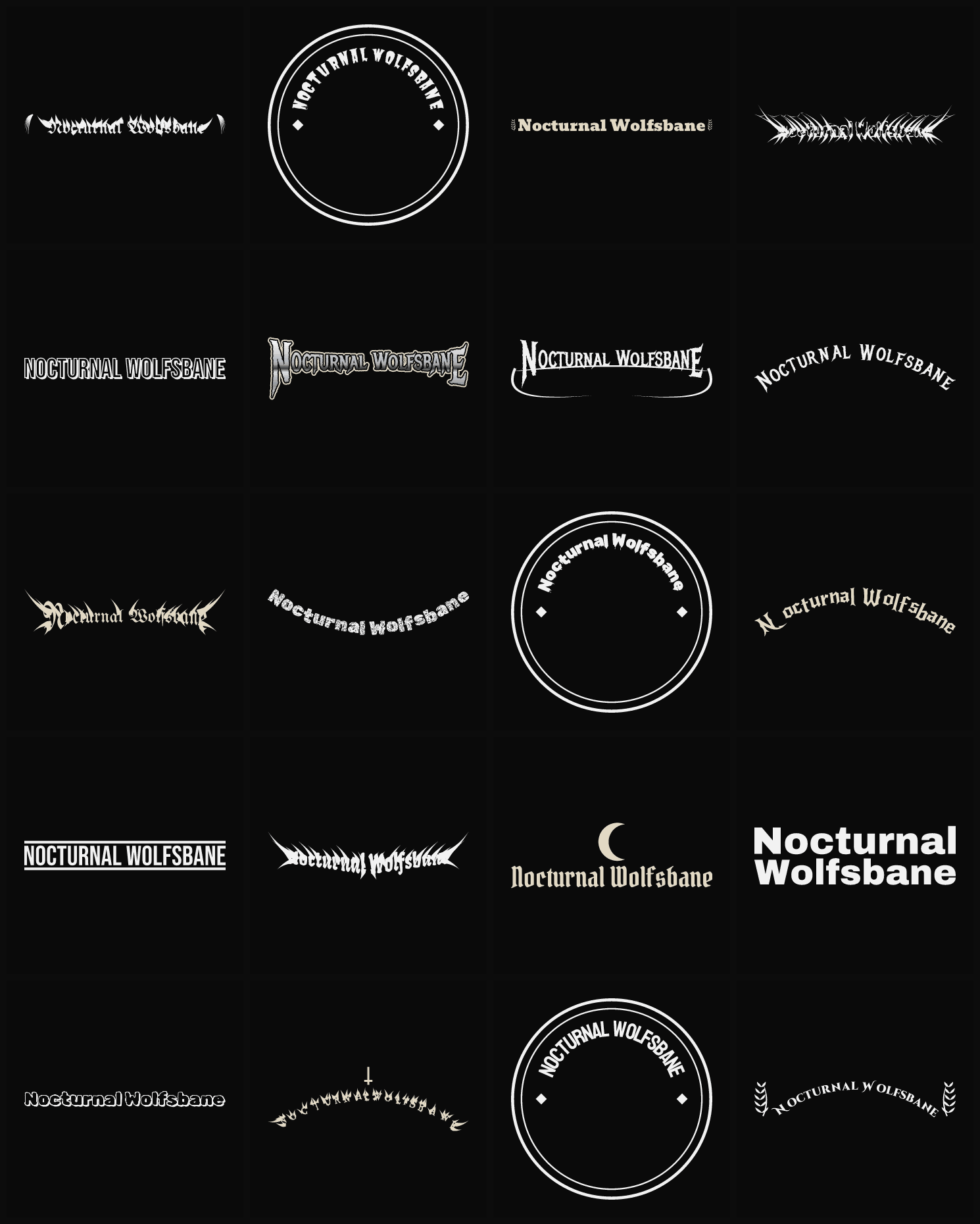 Twenty Nocturnal Wolfsbane band logo ideas — different faces, treatments and spike settings