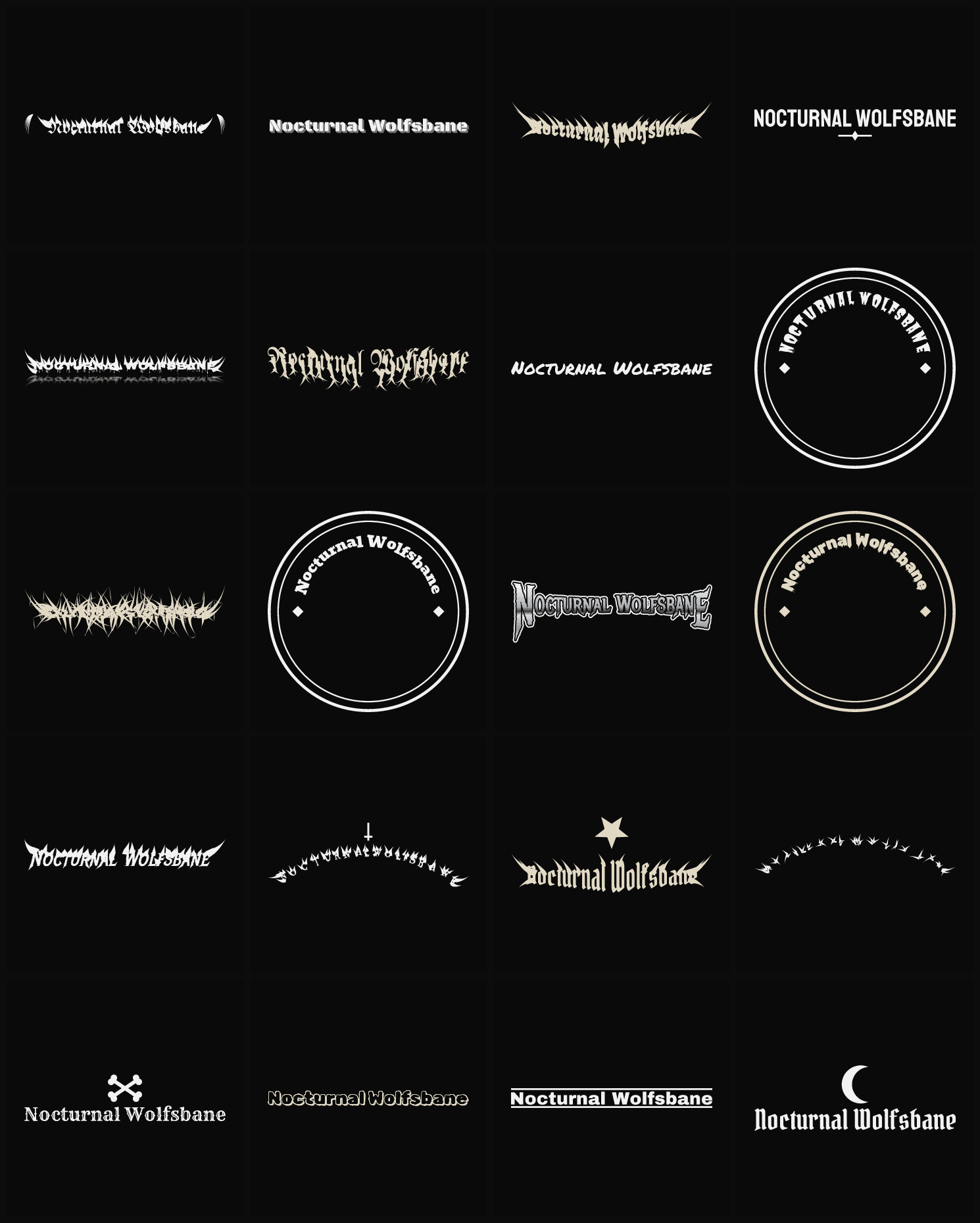 Twenty Nocturnal Wolfsbane band logo ideas — different faces, treatments and spike settings