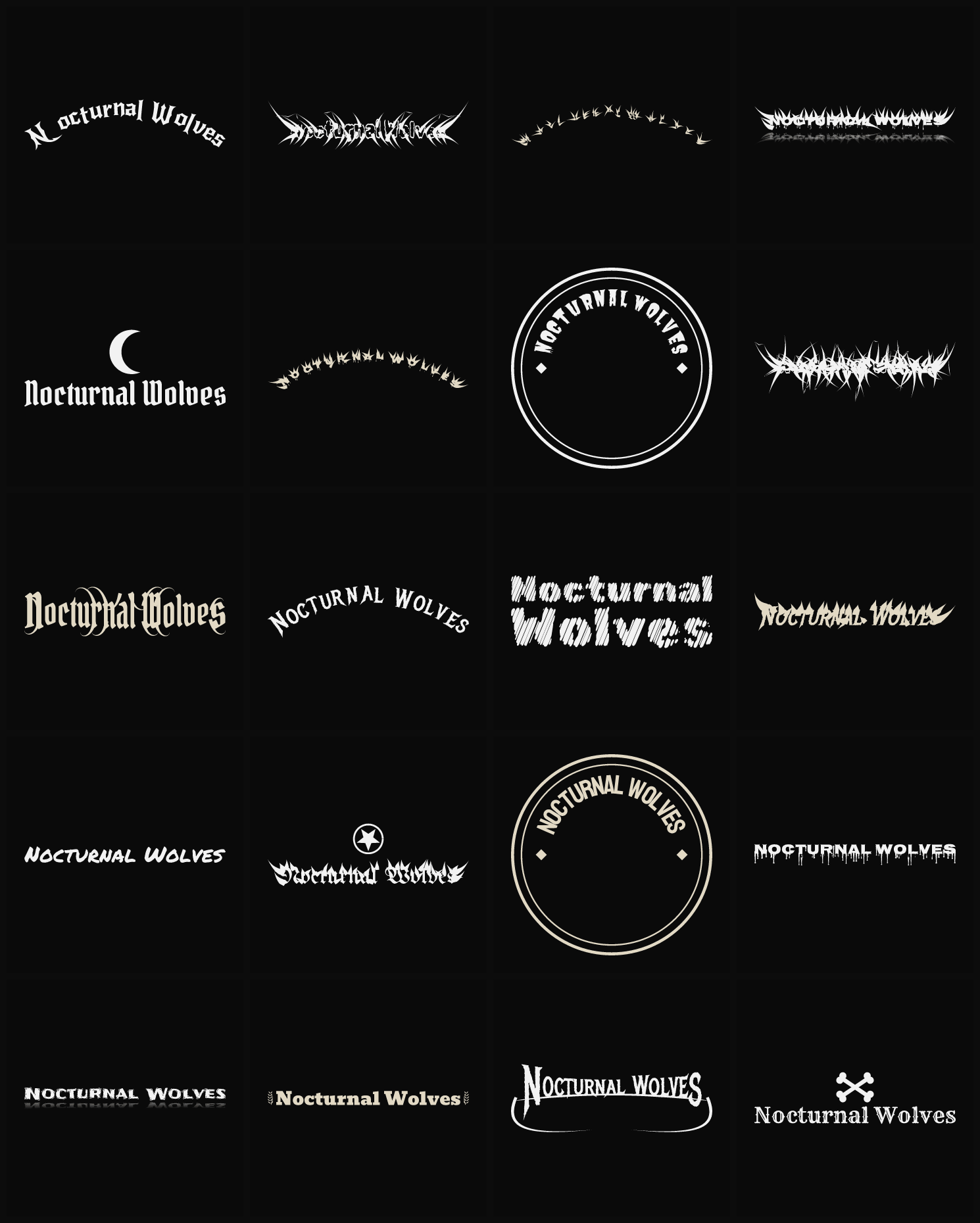 Twenty Nocturnal Wolves band logo ideas — different faces, treatments and spike settings