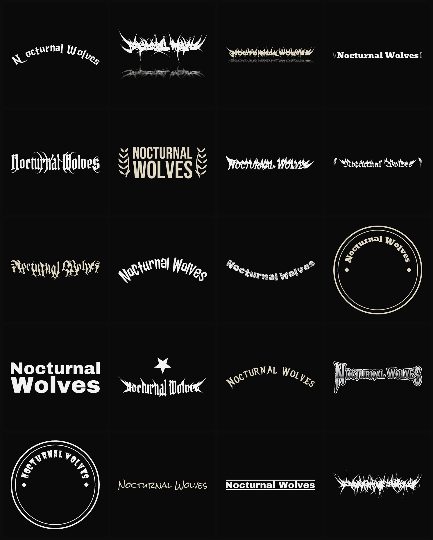 Twenty Nocturnal Wolves band logo ideas — different faces, treatments and spike settings