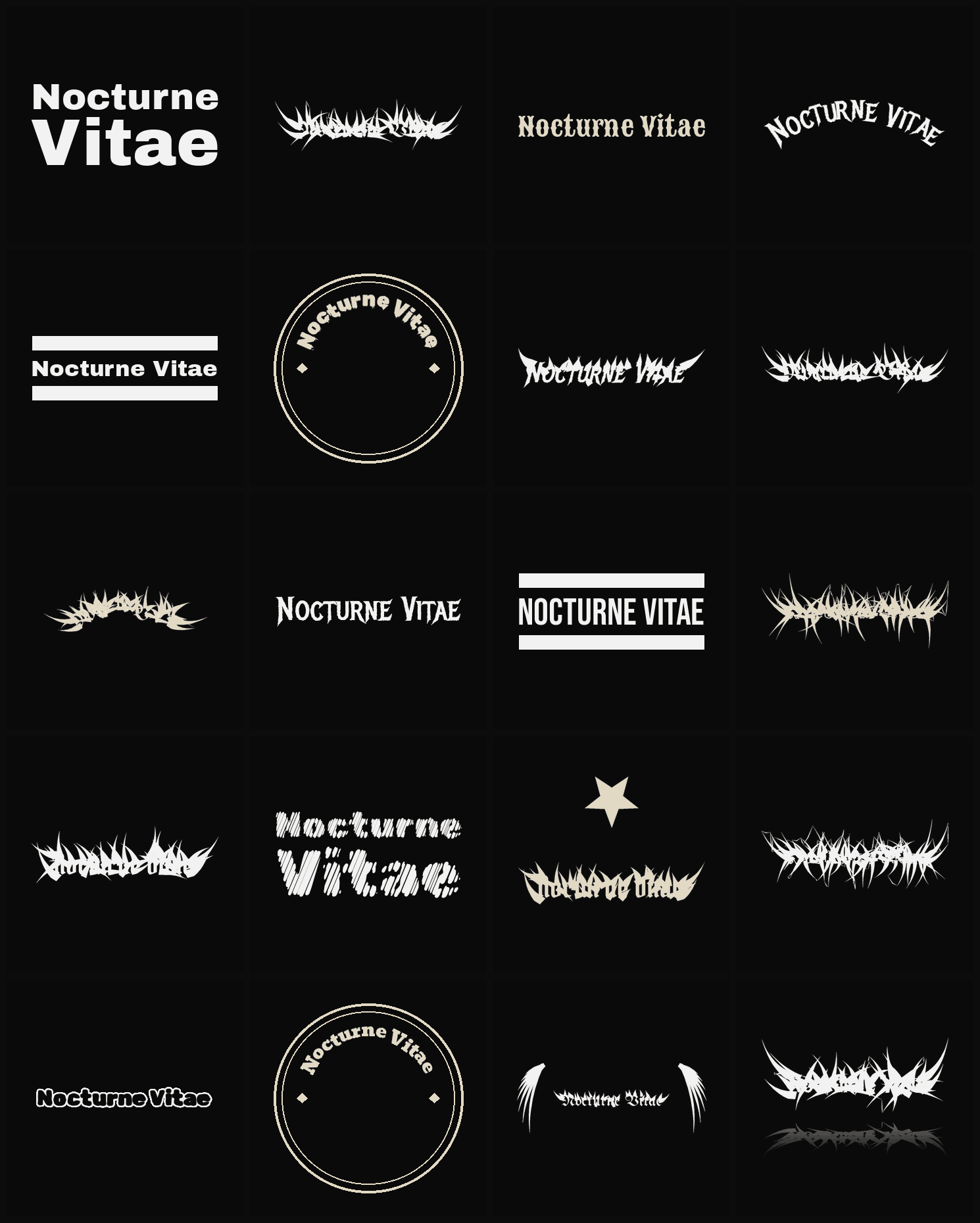 Twenty Nocturne Vitae band logo ideas — different faces, treatments and spike settings