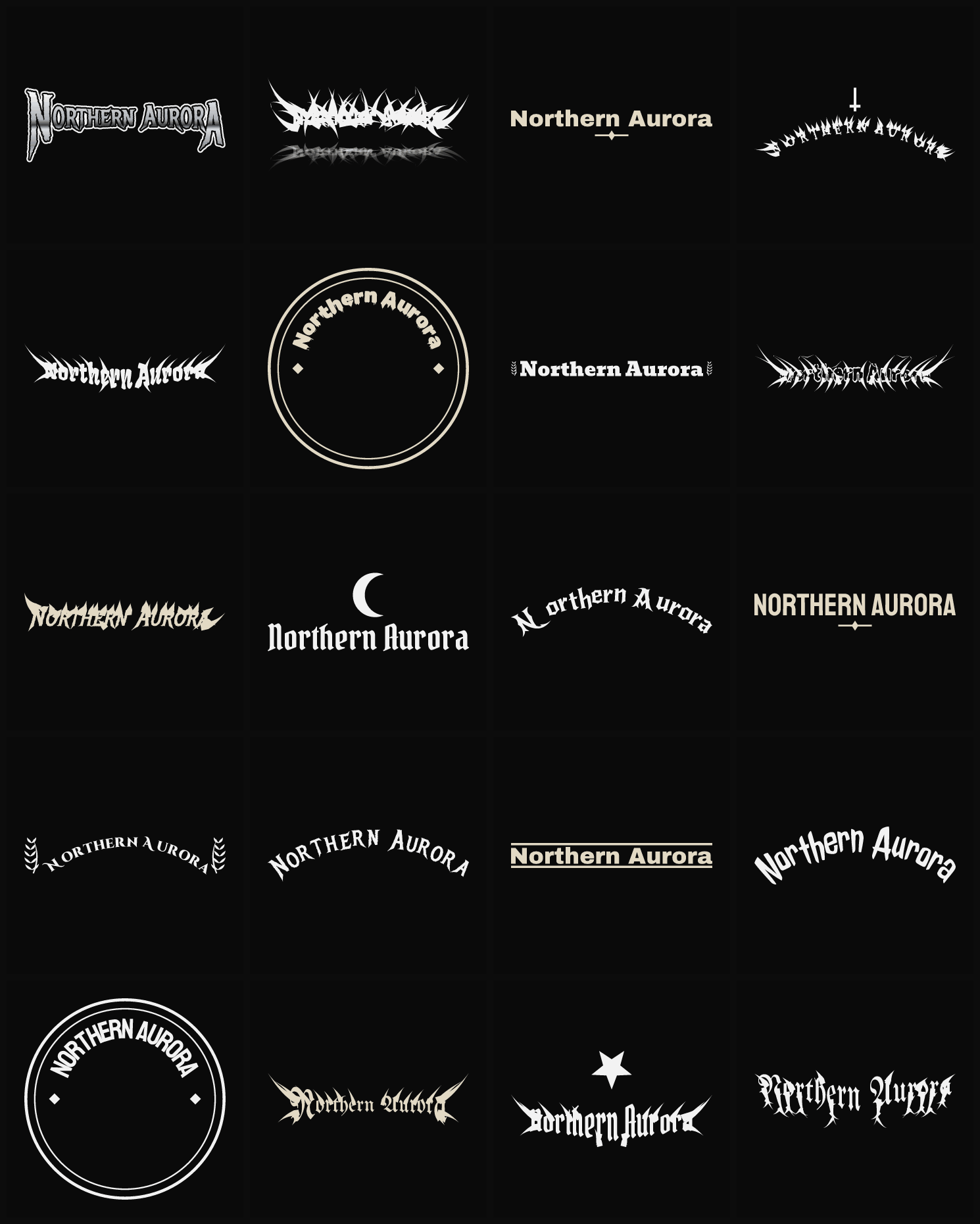 Twenty Northern Aurora band logo ideas — different faces, treatments and spike settings