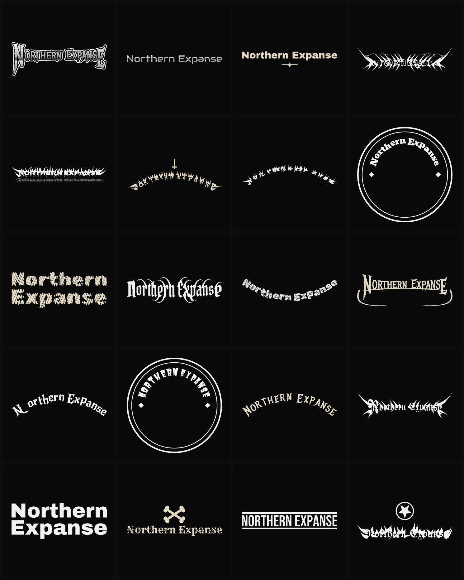 Twenty Northern Expanse band logo ideas — different faces, treatments and spike settings