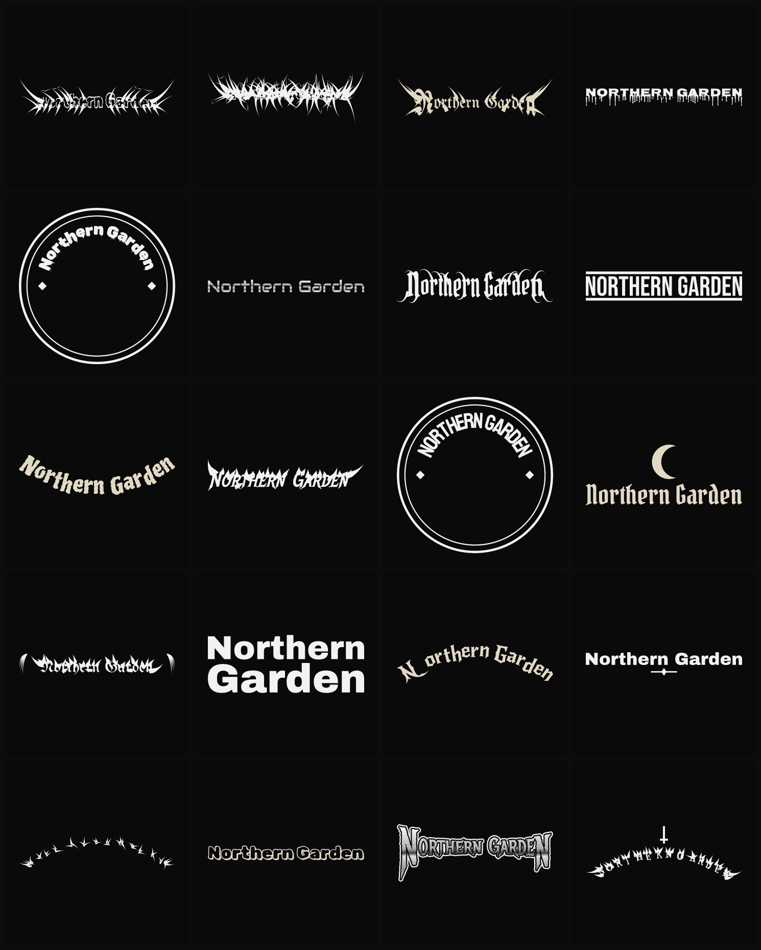 Twenty Northern Garden band logo ideas — different faces, treatments and spike settings