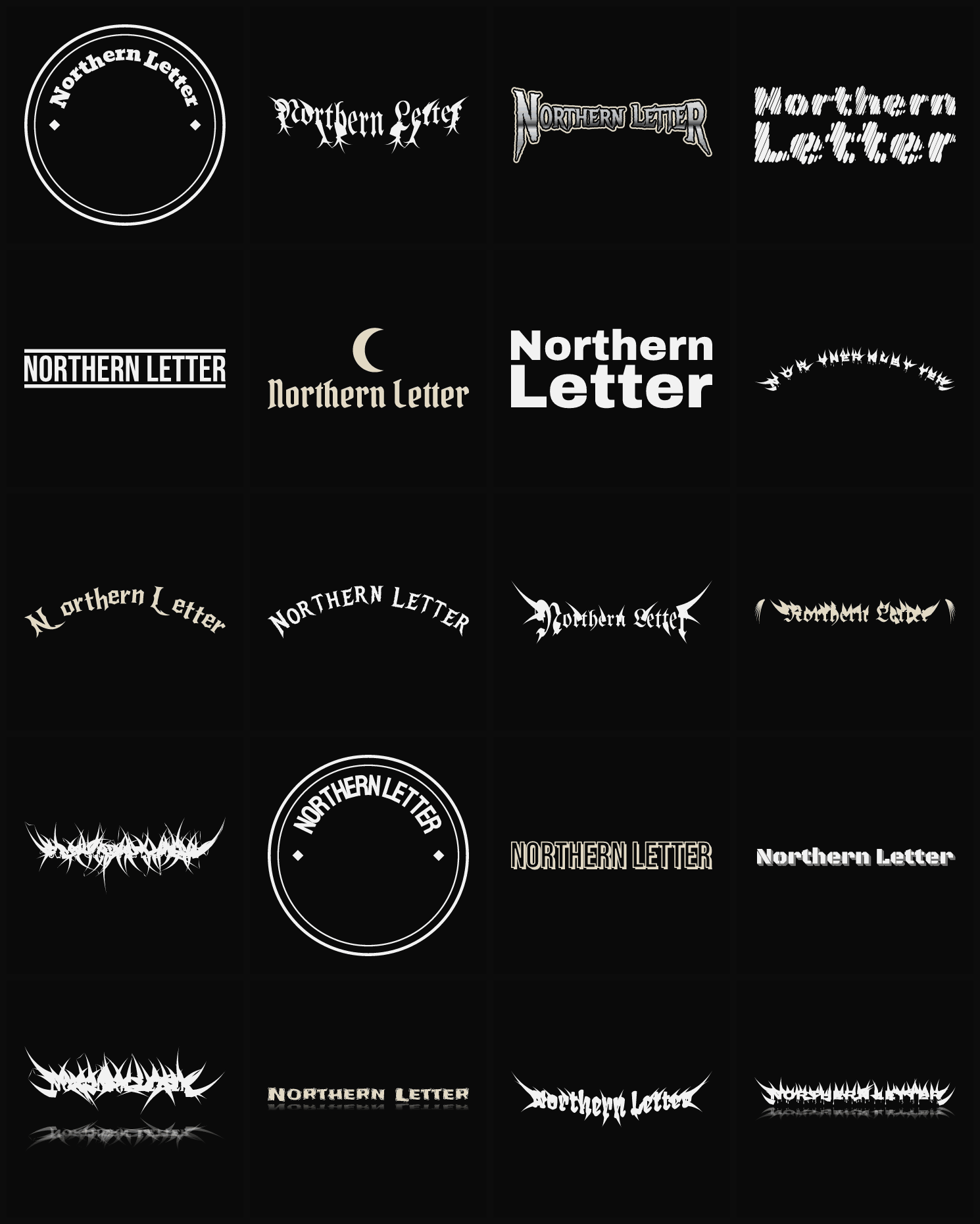 Twenty Northern Letter band logo ideas — different faces, treatments and spike settings