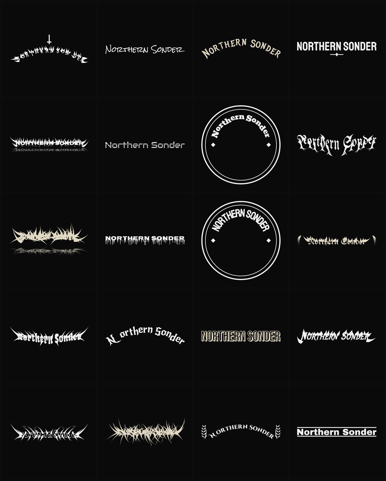 Twenty Northern Sonder band logo ideas — different faces, treatments and spike settings