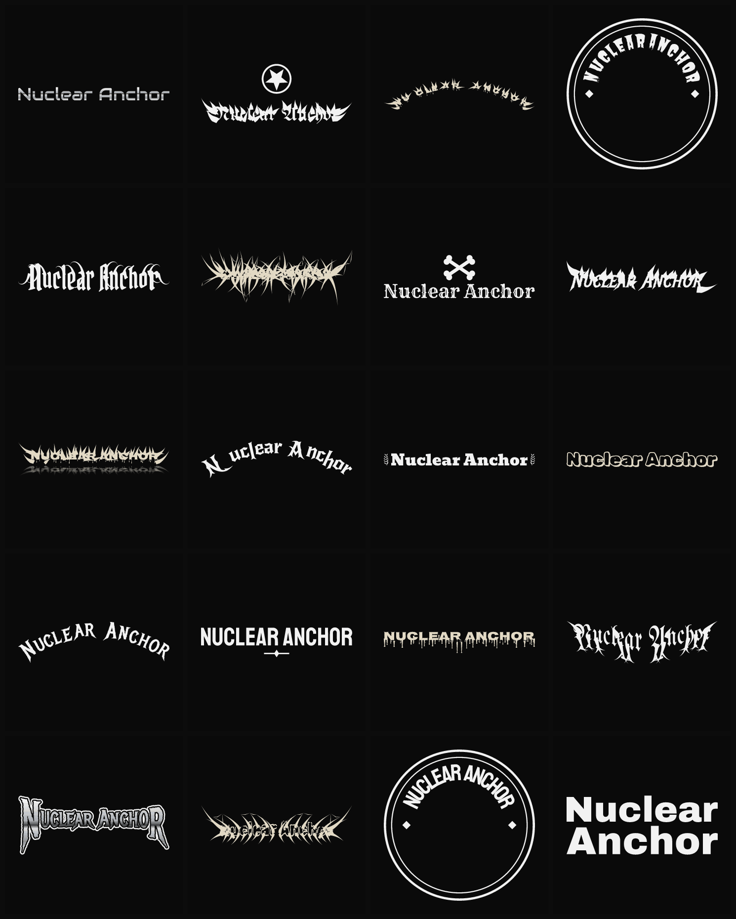 Twenty Nuclear Anchor band logo ideas — different faces, treatments and spike settings