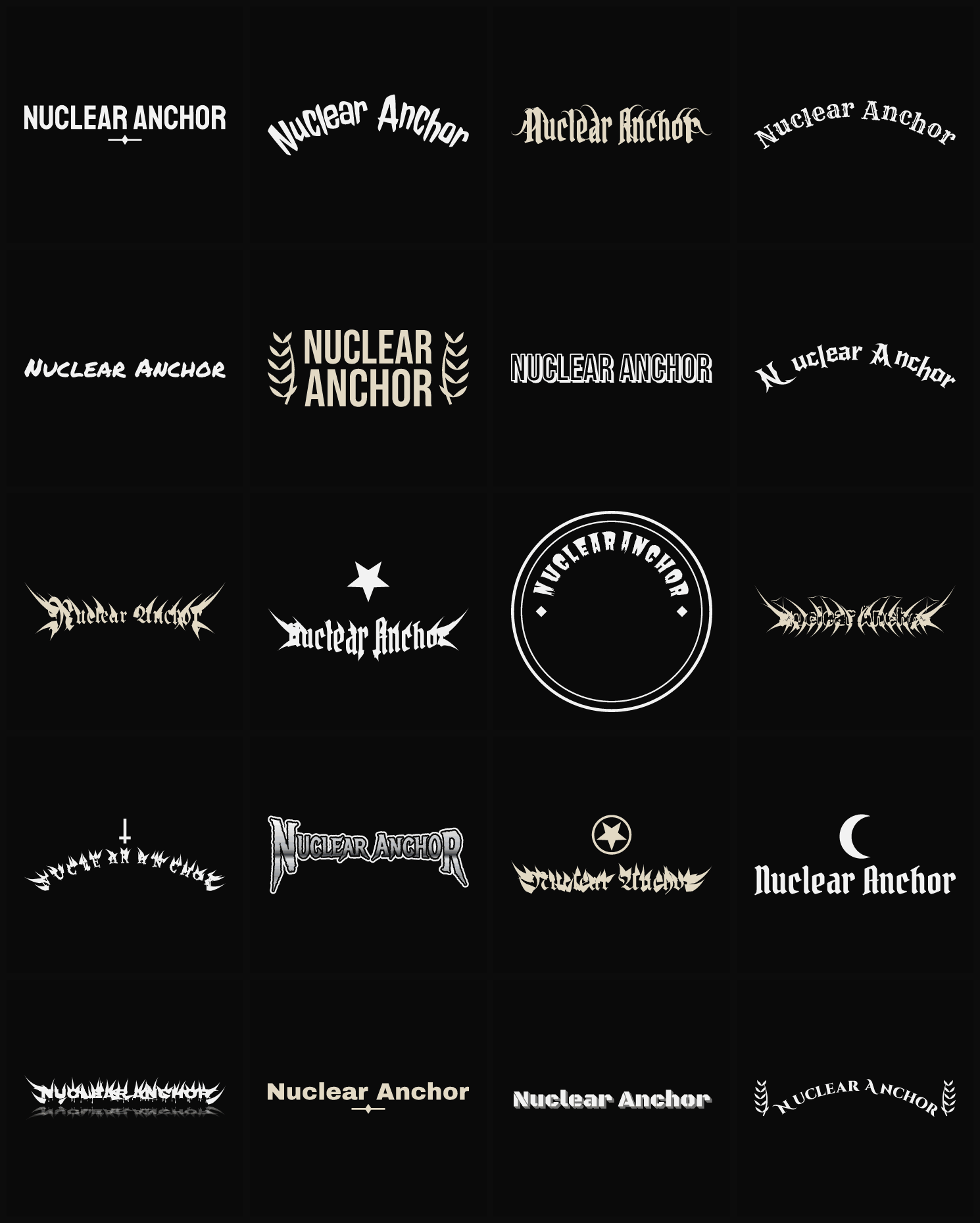 Twenty Nuclear Anchor band logo ideas — different faces, treatments and spike settings