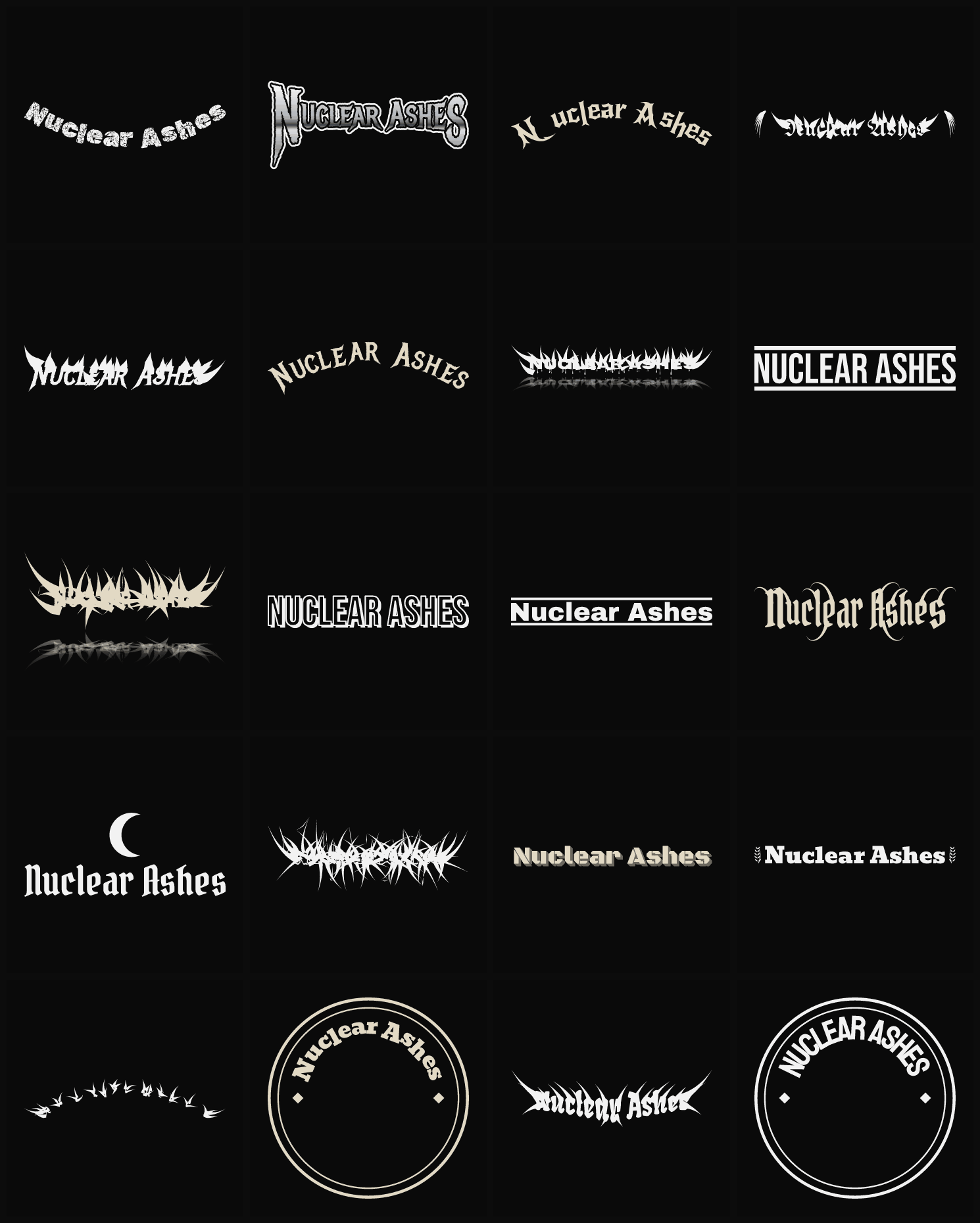 Twenty Nuclear Ashes band logo ideas — different faces, treatments and spike settings