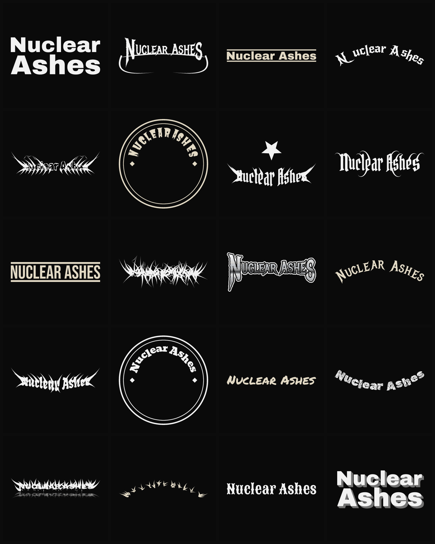 Twenty Nuclear Ashes band logo ideas — different faces, treatments and spike settings