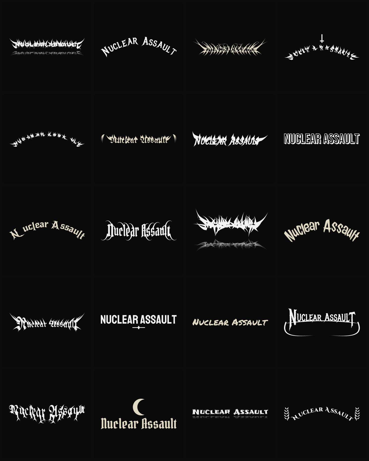 Twenty Nuclear Assault band logo ideas — different faces, treatments and spike settings