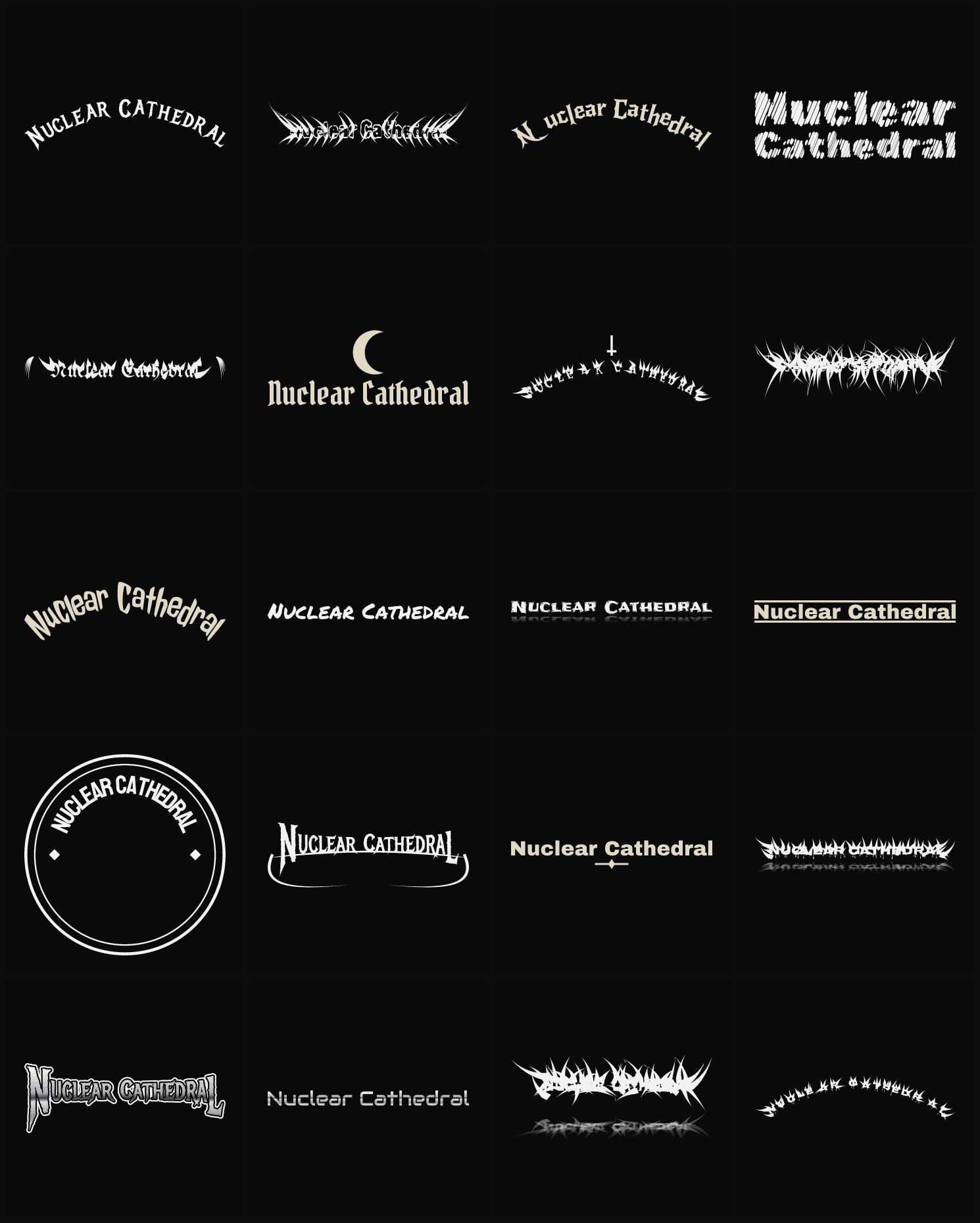 Twenty Nuclear Cathedral band logo ideas — different faces, treatments and spike settings