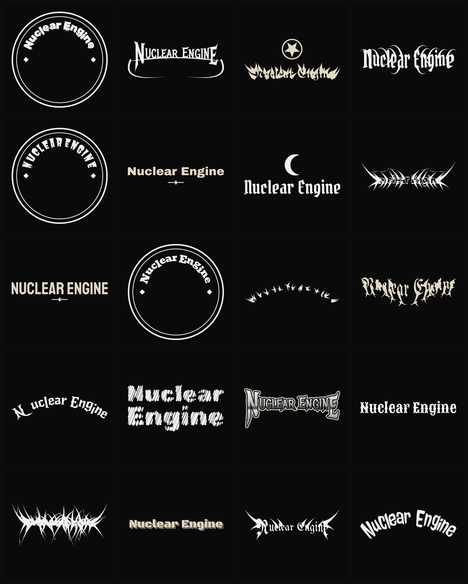 Twenty Nuclear Engine band logo ideas — different faces, treatments and spike settings