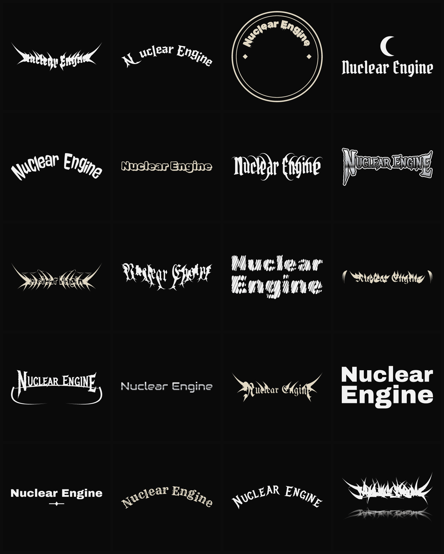 Twenty Nuclear Engine band logo ideas — different faces, treatments and spike settings
