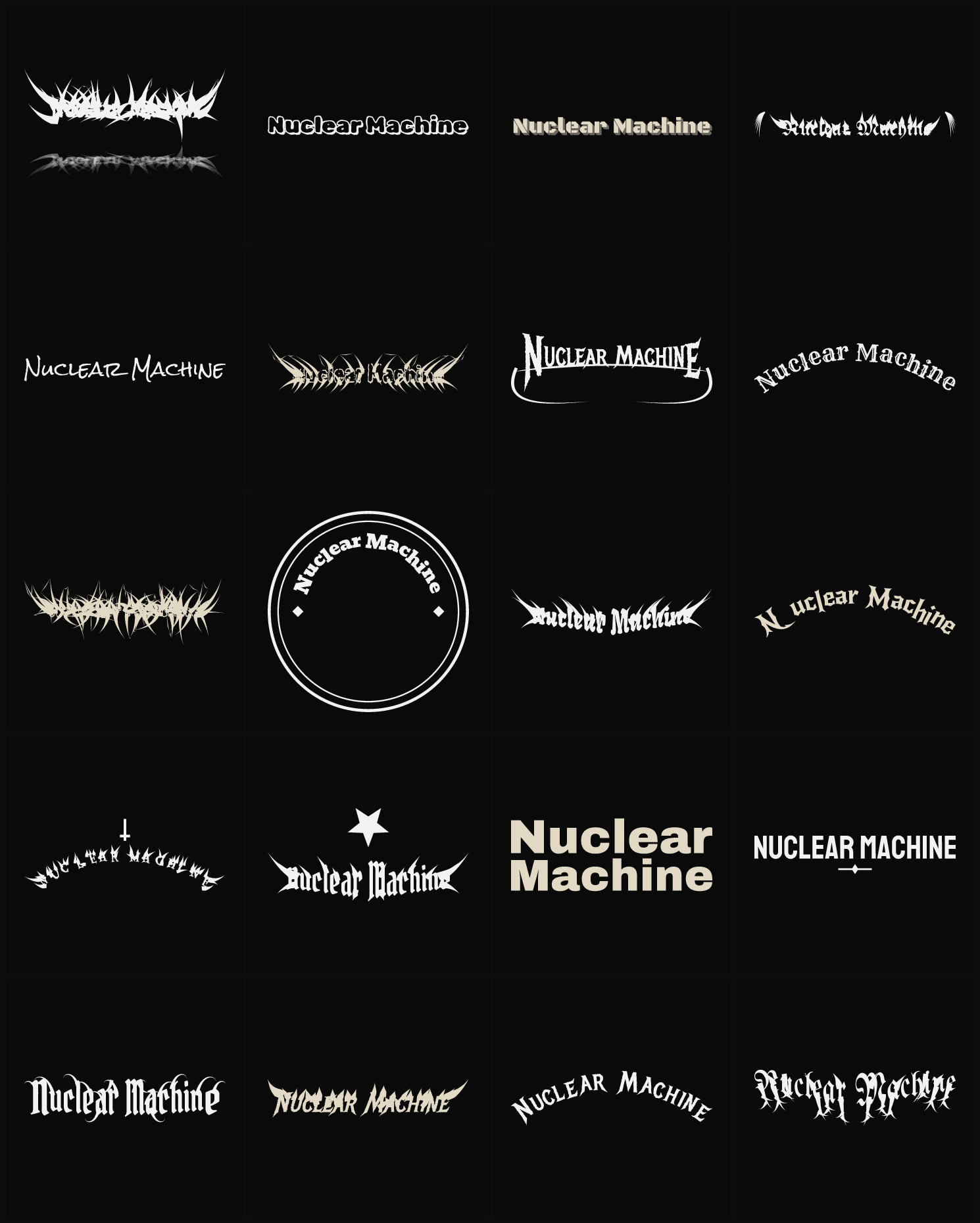 Twenty Nuclear Machine band logo ideas — different faces, treatments and spike settings