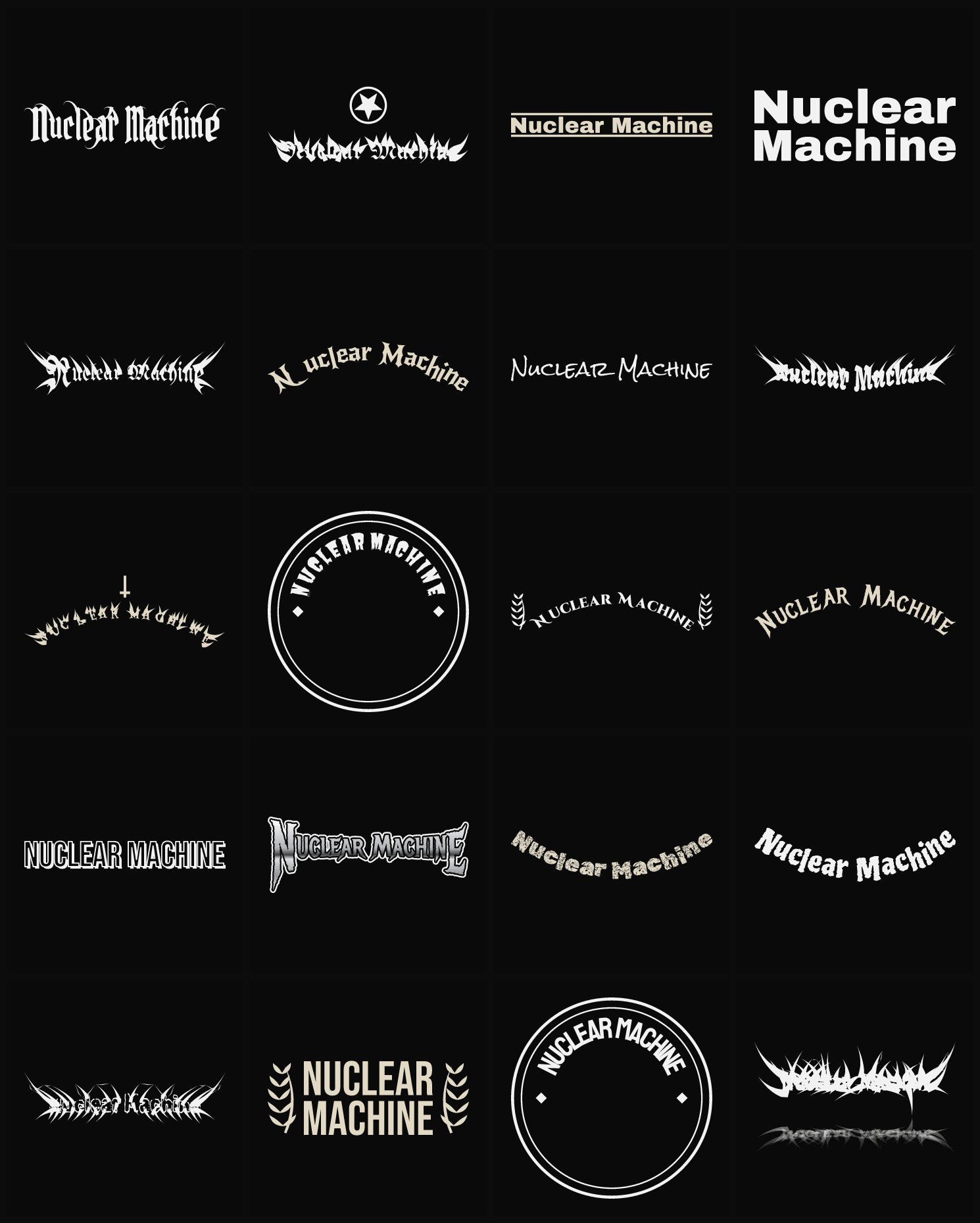 Twenty Nuclear Machine band logo ideas — different faces, treatments and spike settings