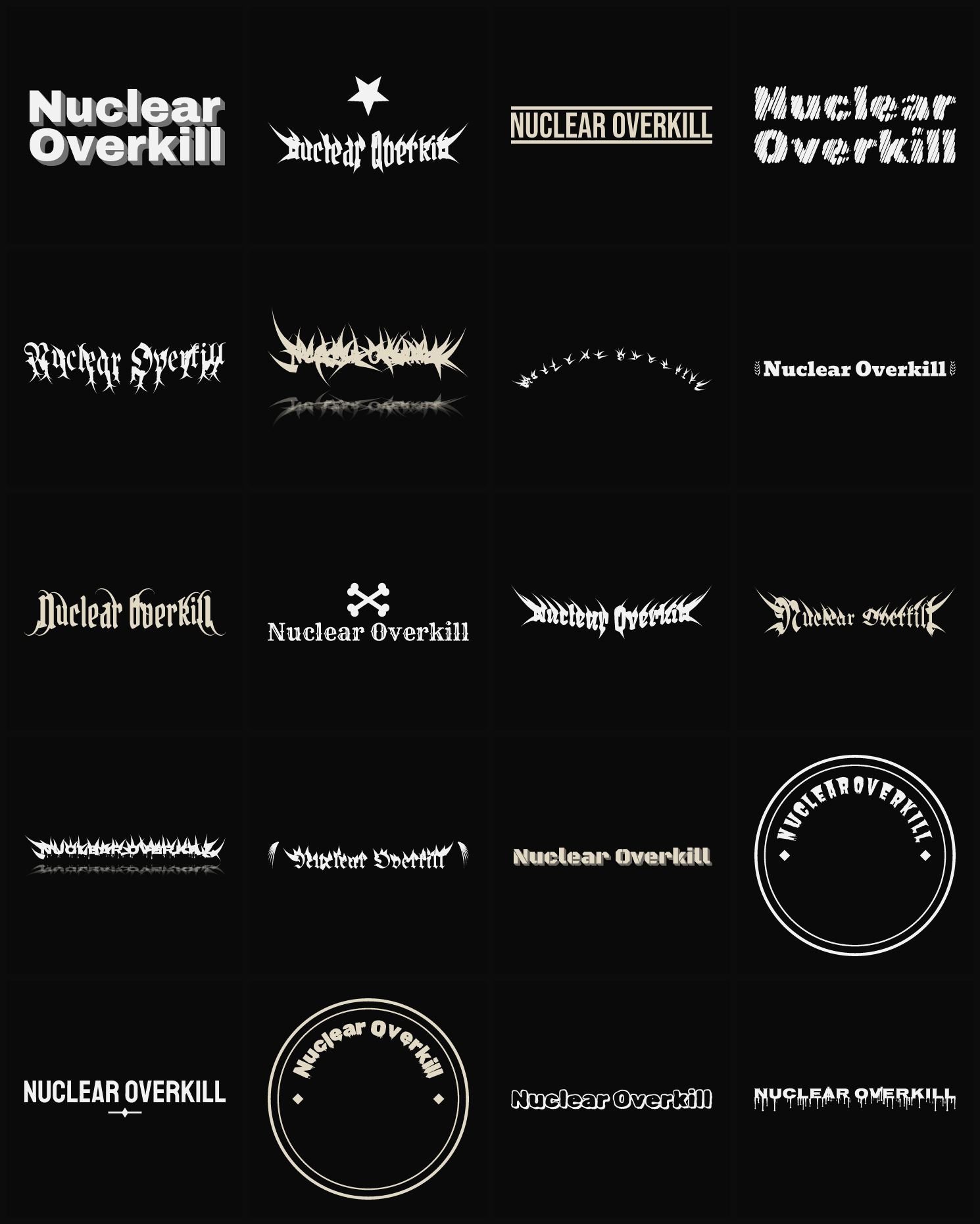 Twenty Nuclear Overkill band logo ideas — different faces, treatments and spike settings