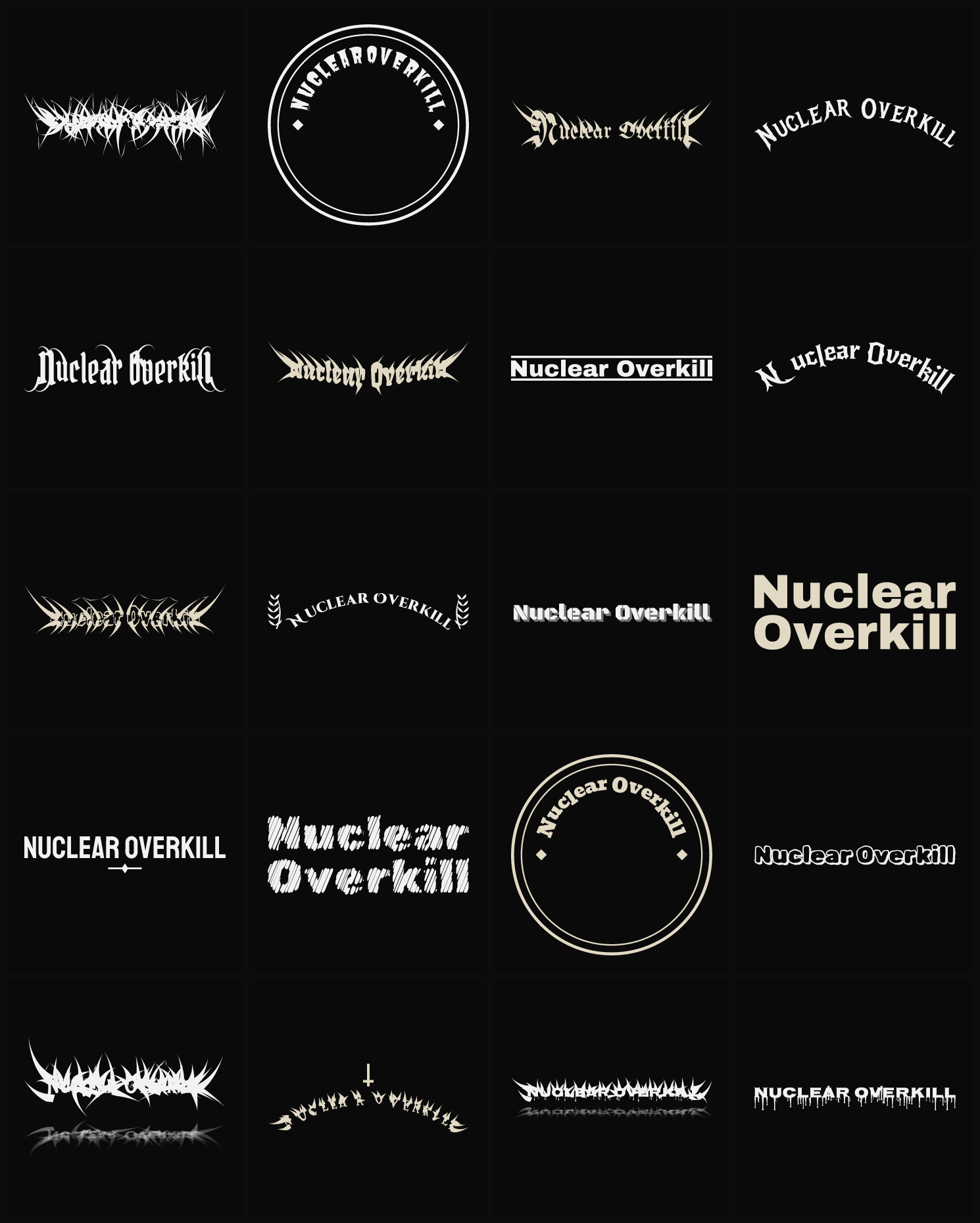 Twenty Nuclear Overkill band logo ideas — different faces, treatments and spike settings