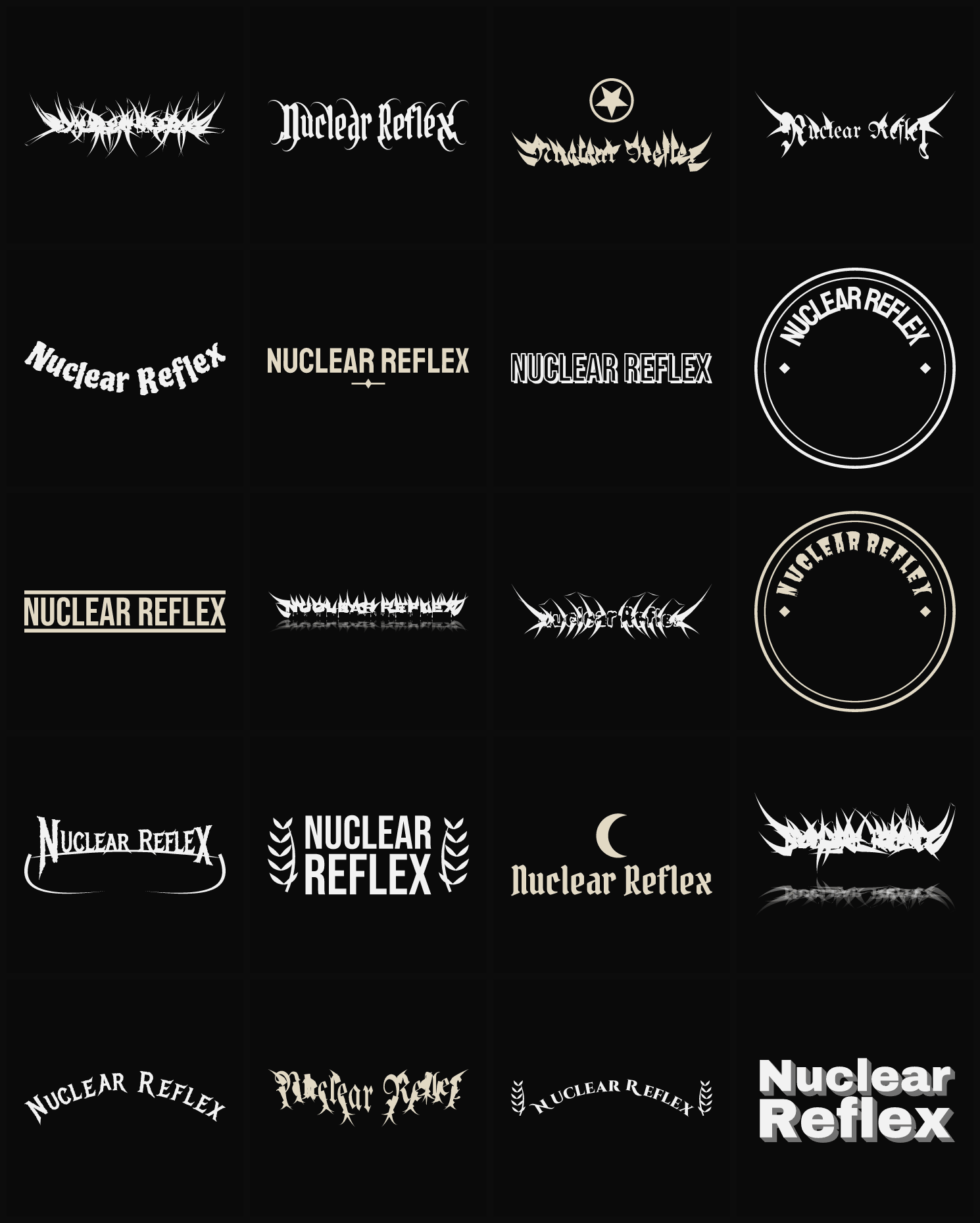 Twenty Nuclear Reflex band logo ideas — different faces, treatments and spike settings