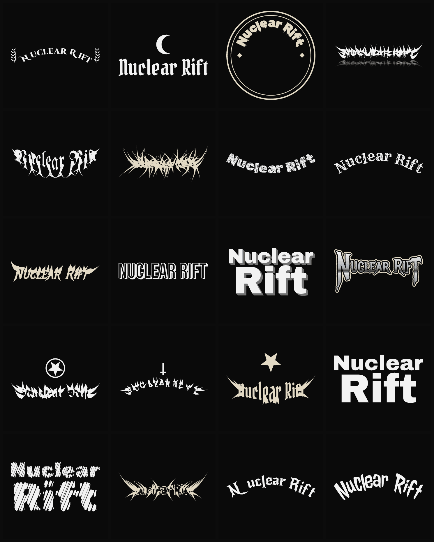 Twenty Nuclear Rift band logo ideas — different faces, treatments and spike settings