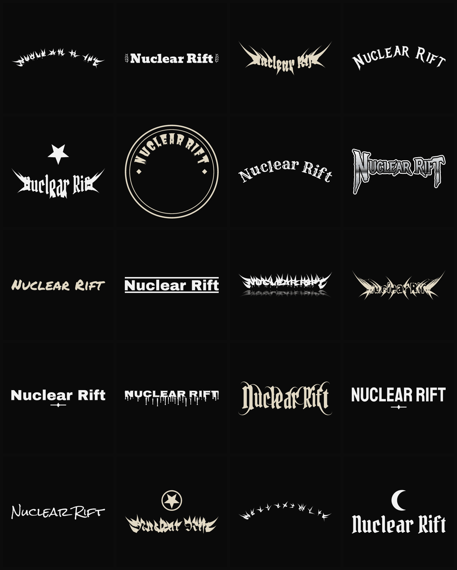Twenty Nuclear Rift band logo ideas — different faces, treatments and spike settings