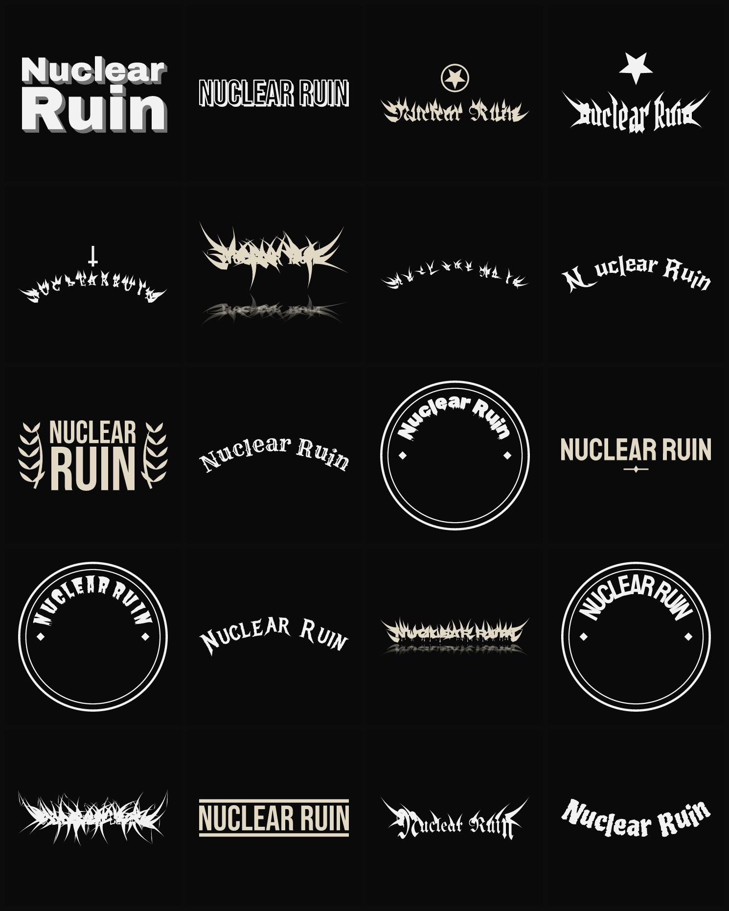 Twenty Nuclear Ruin band logo ideas — different faces, treatments and spike settings