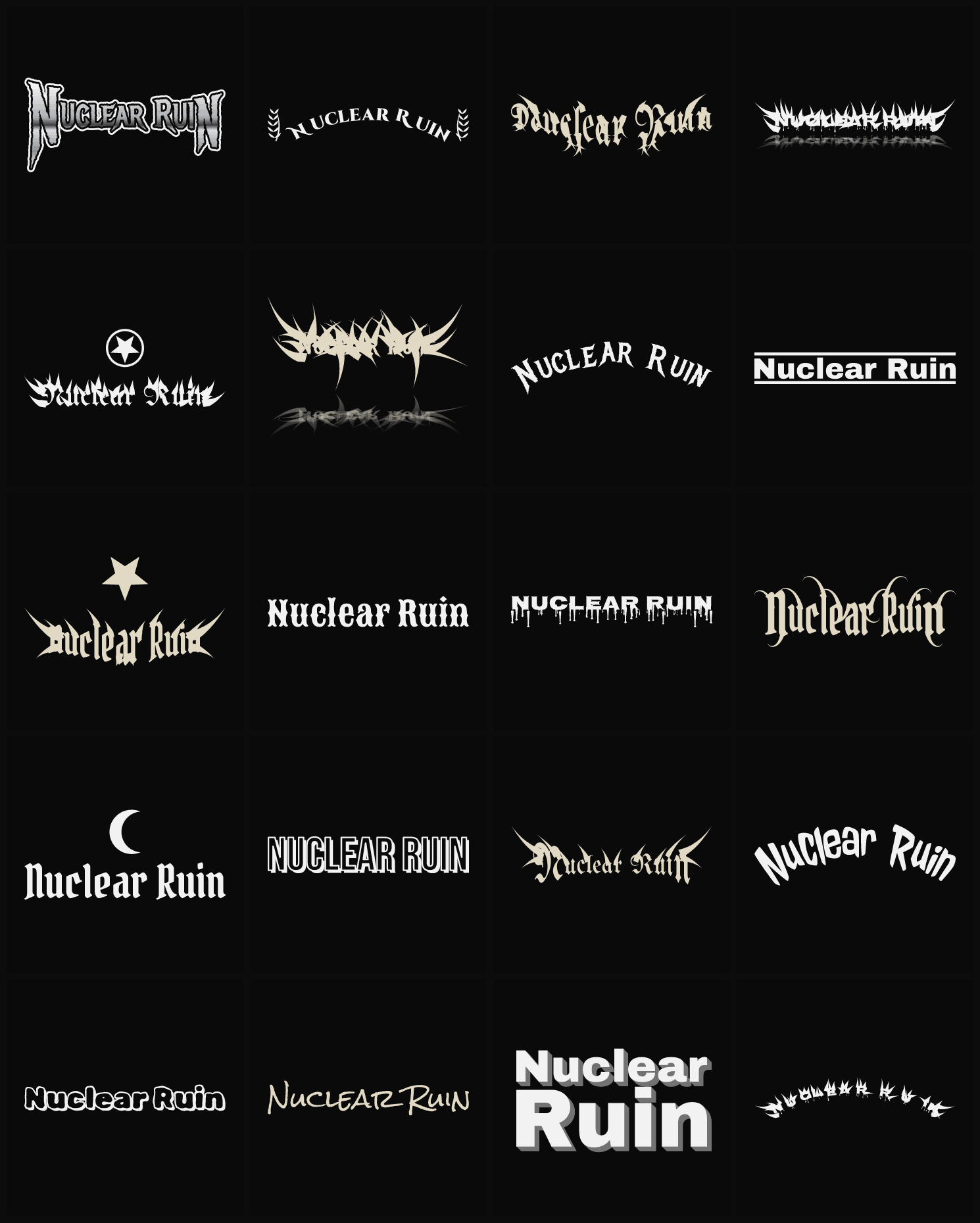 Twenty Nuclear Ruin band logo ideas — different faces, treatments and spike settings