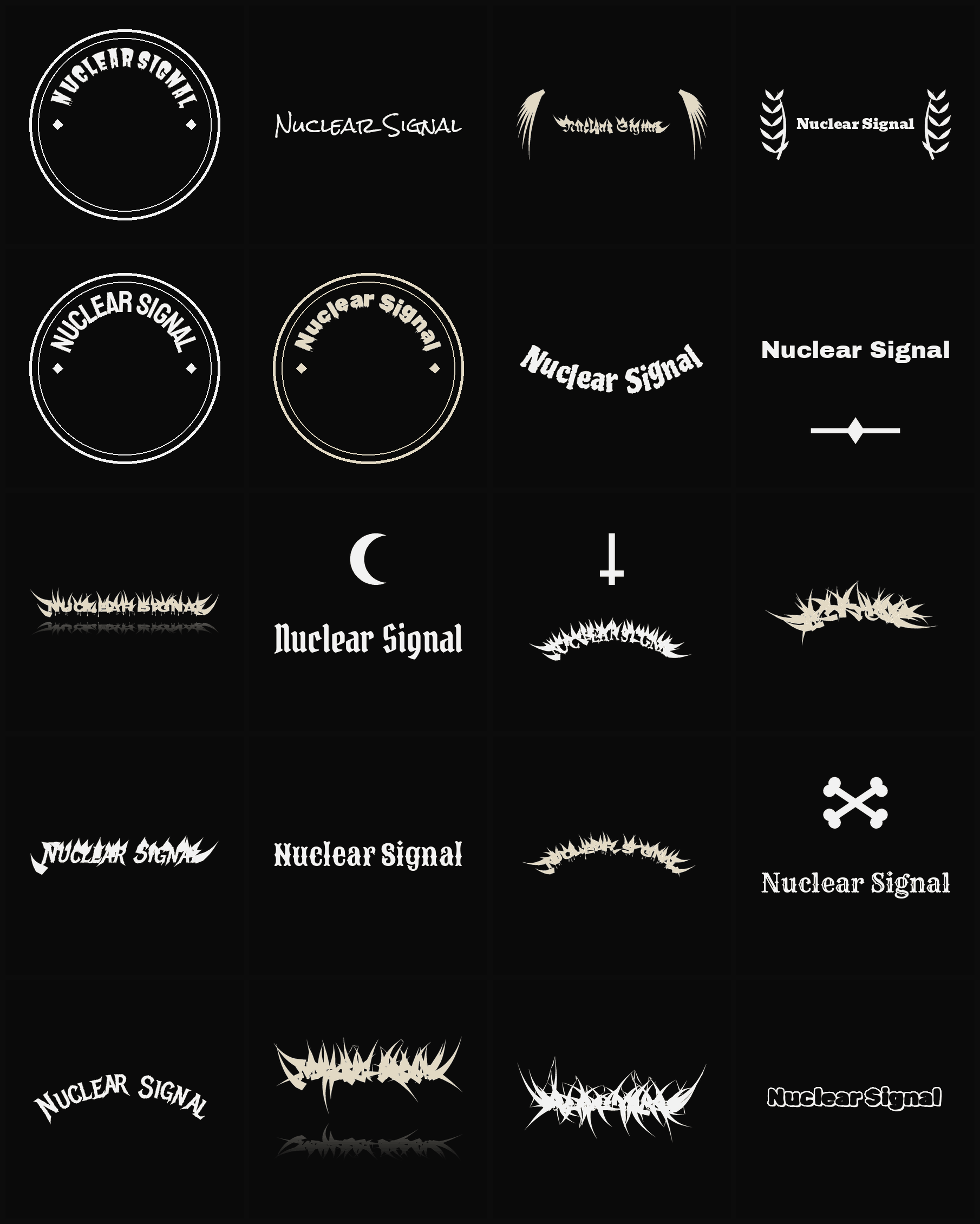 Twenty Nuclear Signal band logo ideas — different faces, treatments and spike settings