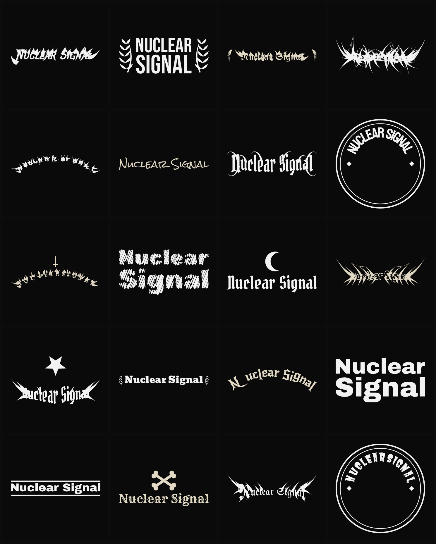 Twenty Nuclear Signal band logo ideas — different faces, treatments and spike settings