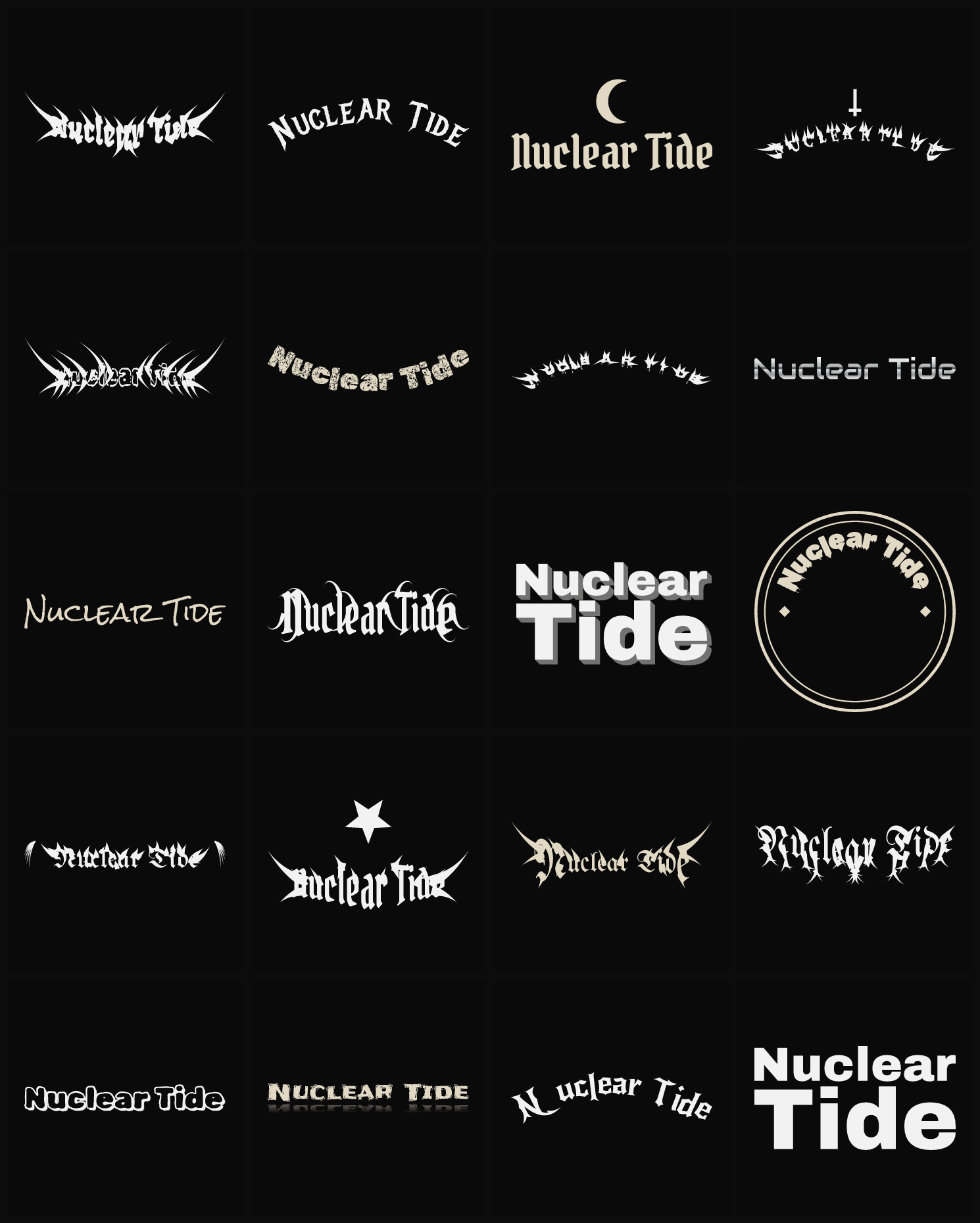 Twenty Nuclear Tide band logo ideas — different faces, treatments and spike settings