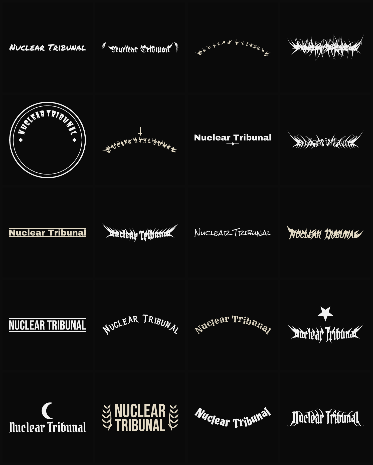 Twenty Nuclear Tribunal band logo ideas — different faces, treatments and spike settings