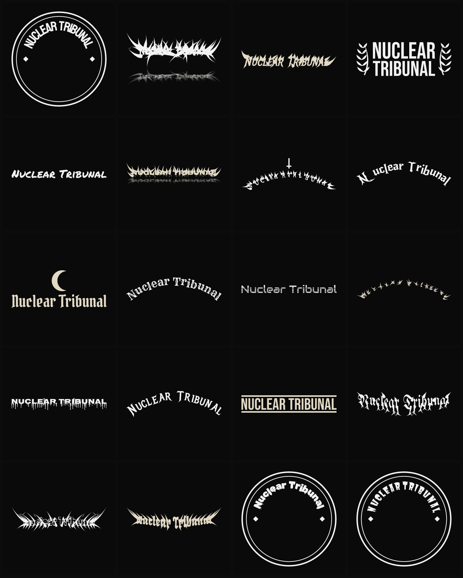 Twenty Nuclear Tribunal band logo ideas — different faces, treatments and spike settings