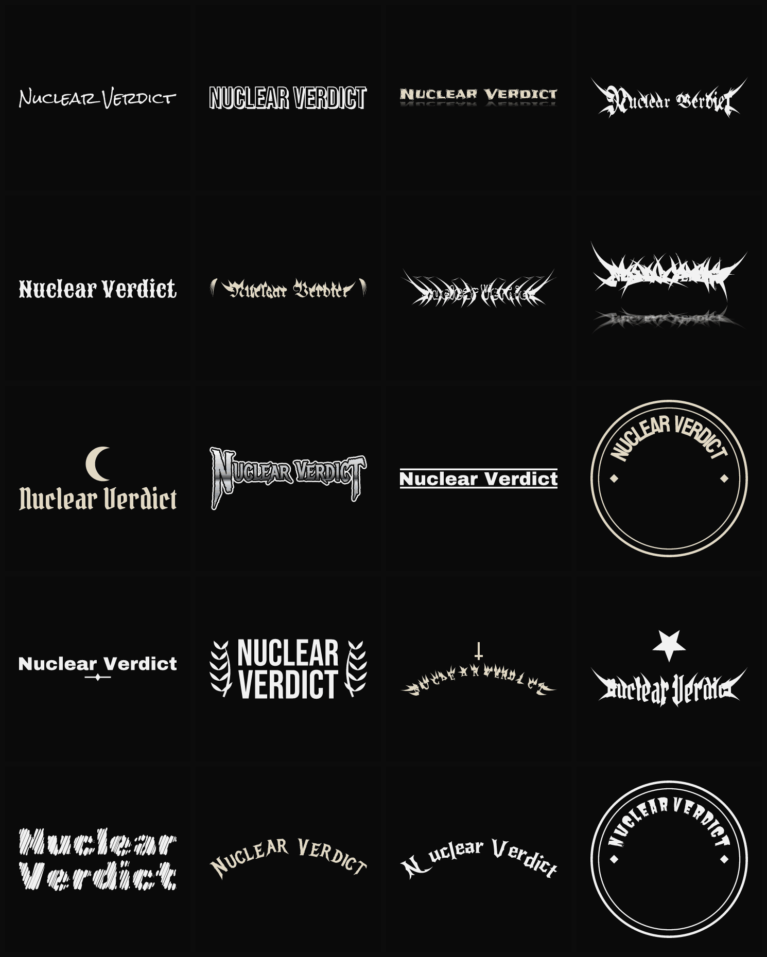 Twenty Nuclear Verdict band logo ideas — different faces, treatments and spike settings