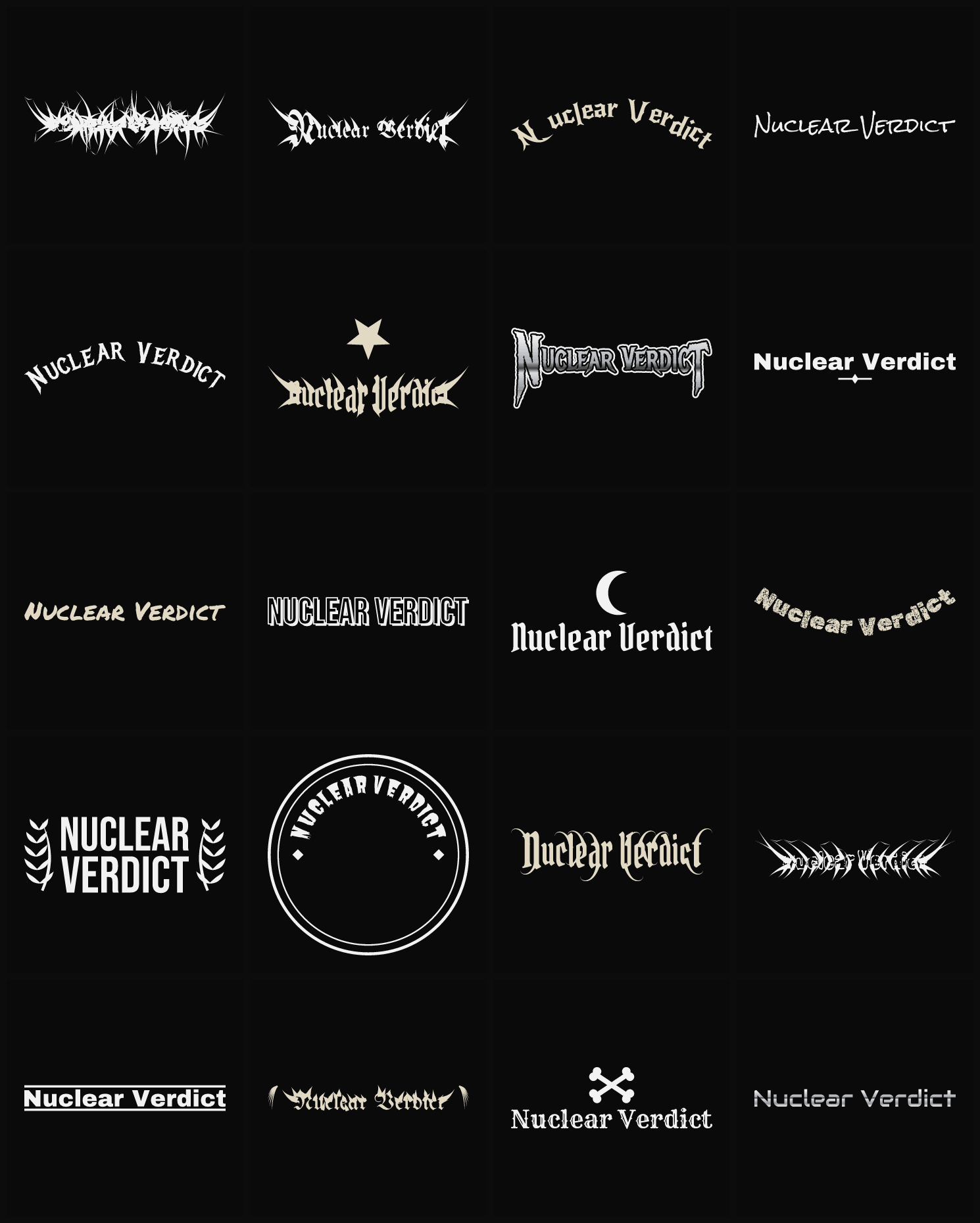 Twenty Nuclear Verdict band logo ideas — different faces, treatments and spike settings