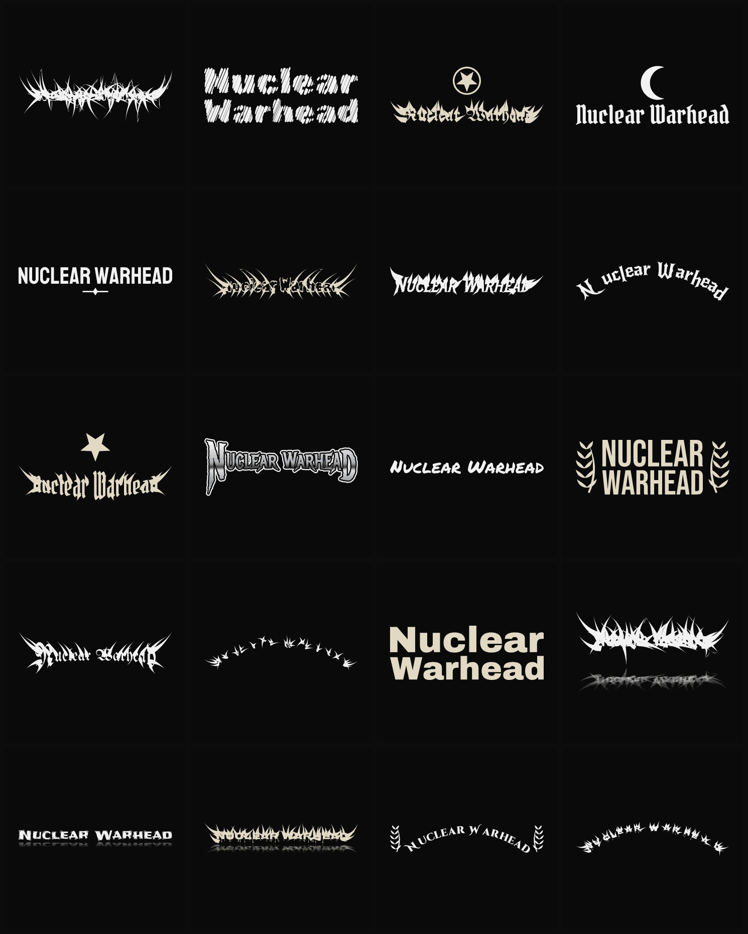 Twenty Nuclear Warhead band logo ideas — different faces, treatments and spike settings