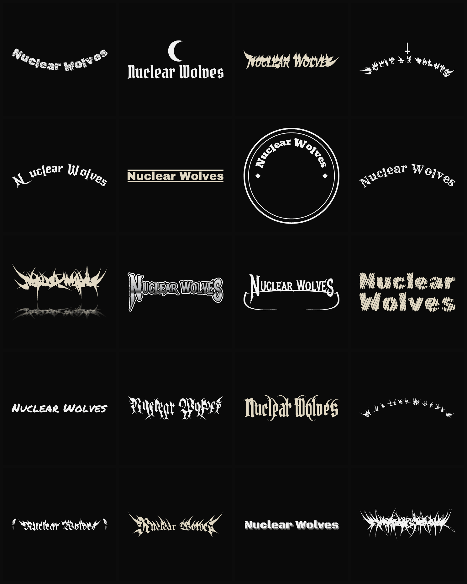 Twenty Nuclear Wolves band logo ideas — different faces, treatments and spike settings