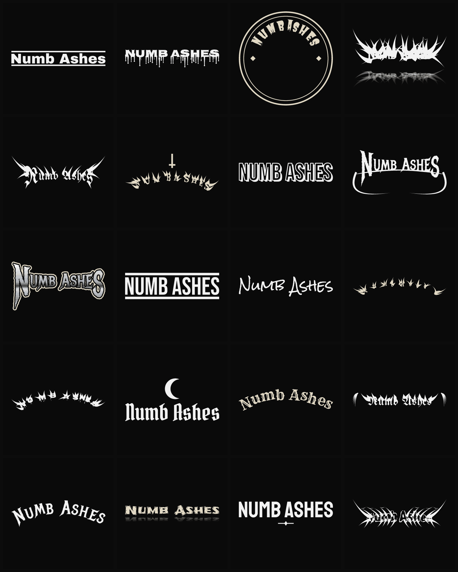 Twenty Numb Ashes band logo ideas — different faces, treatments and spike settings