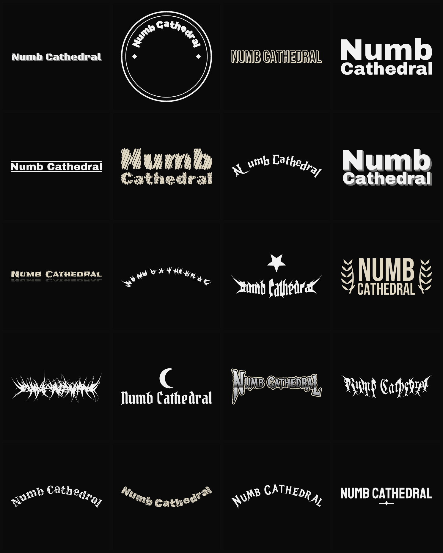 Twenty Numb Cathedral band logo ideas — different faces, treatments and spike settings