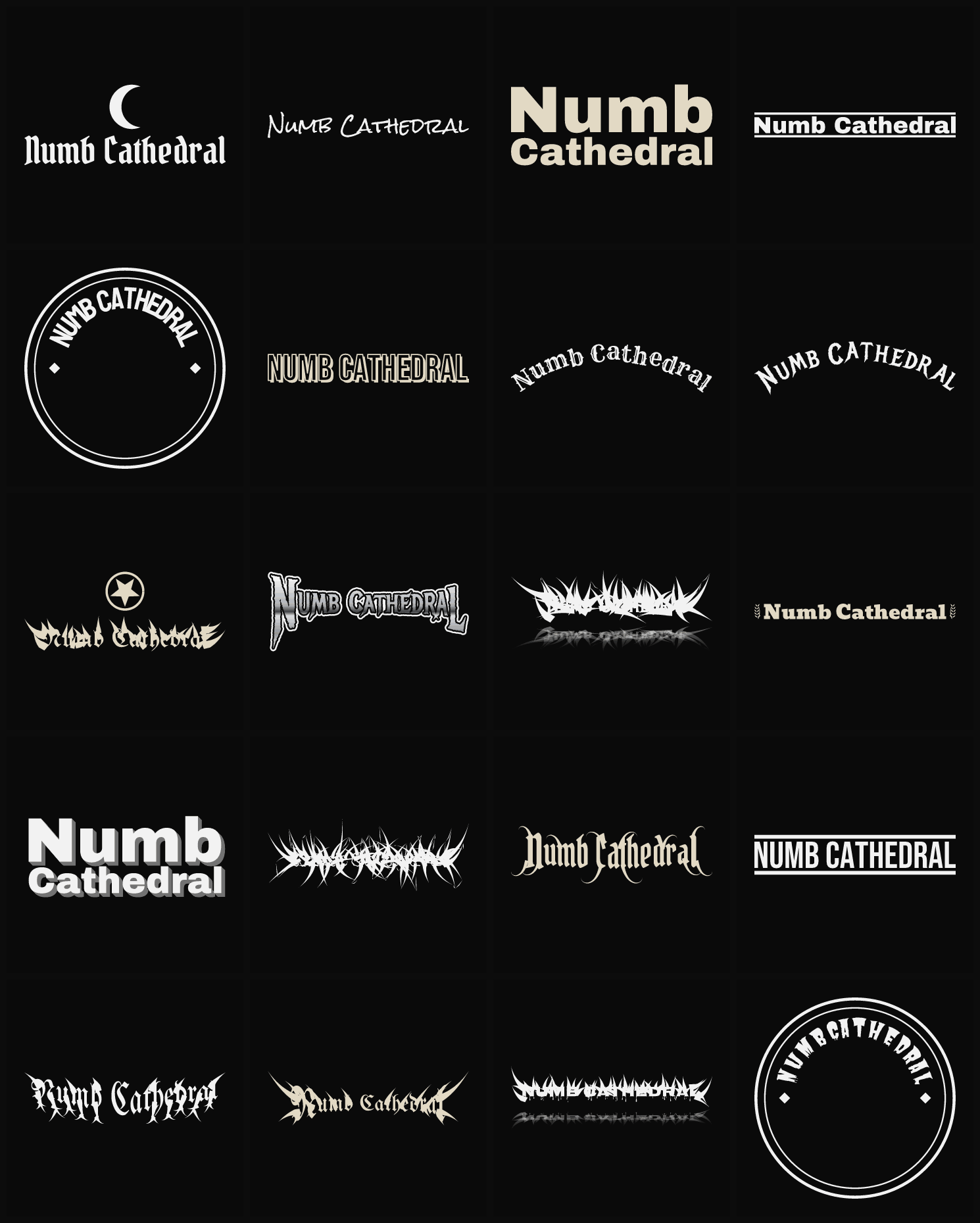 Twenty Numb Cathedral band logo ideas — different faces, treatments and spike settings