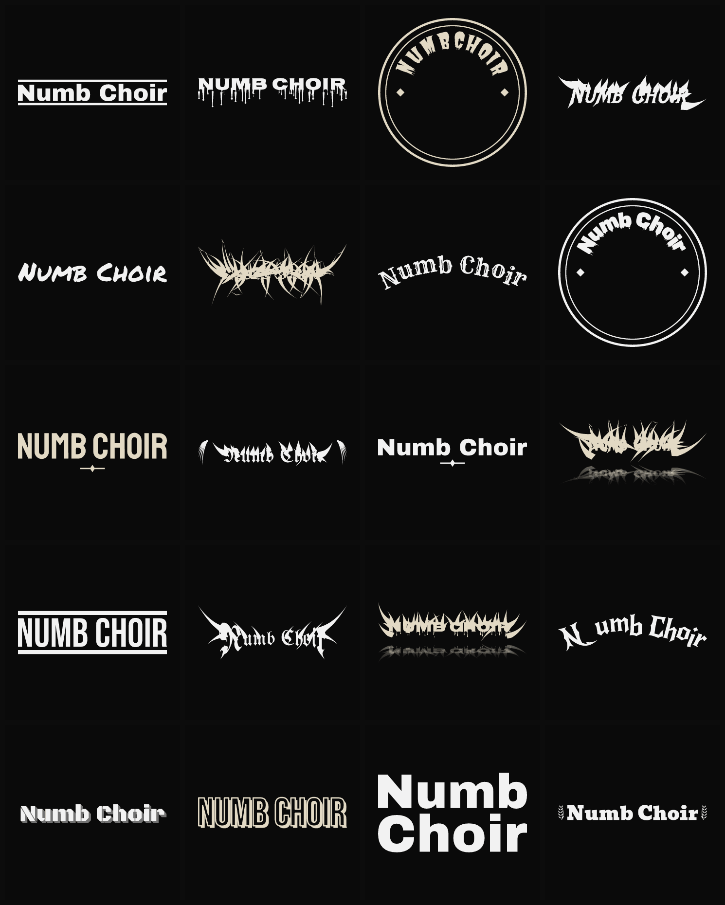 Twenty Numb Choir band logo ideas — different faces, treatments and spike settings