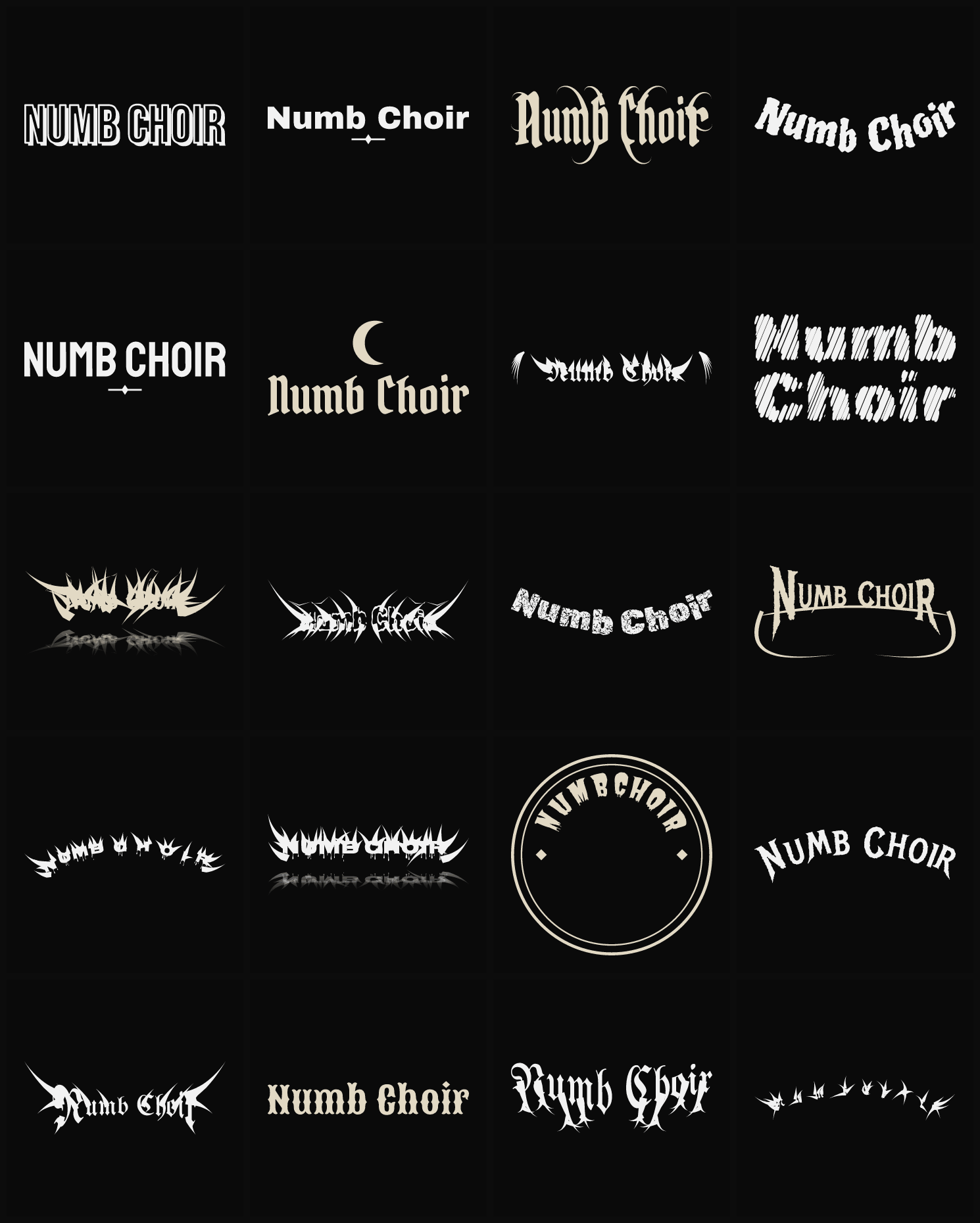 Twenty Numb Choir band logo ideas — different faces, treatments and spike settings